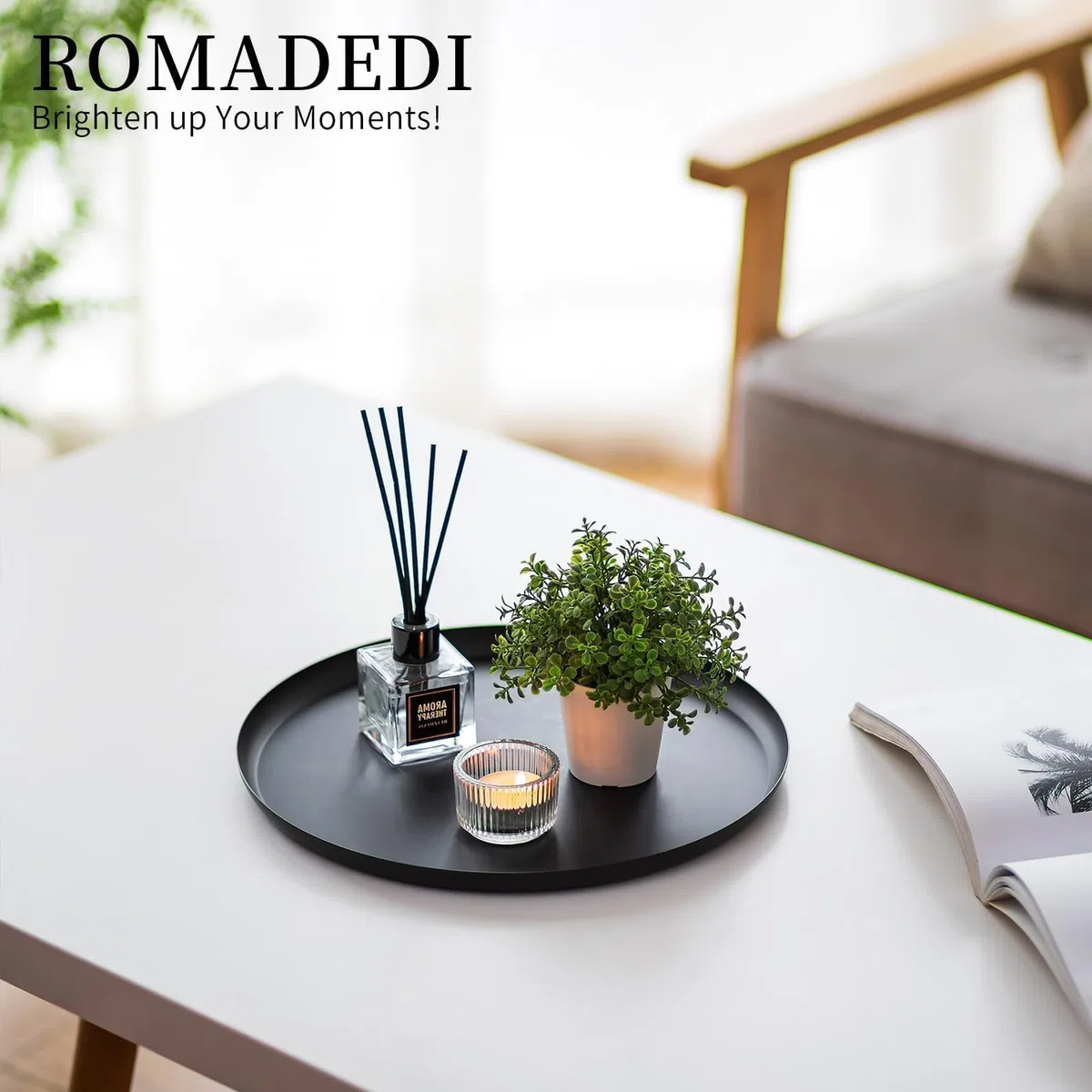 Romadedi Schwarz Deko Tablett Aus Metall - 28cm Rund Dekotablett Dekoschale Für Tischdeko Kerzenteller Kerzentablett Für Kerzen Serviertablett Für Wohnzimmer Badezimmer Esstisch Deko