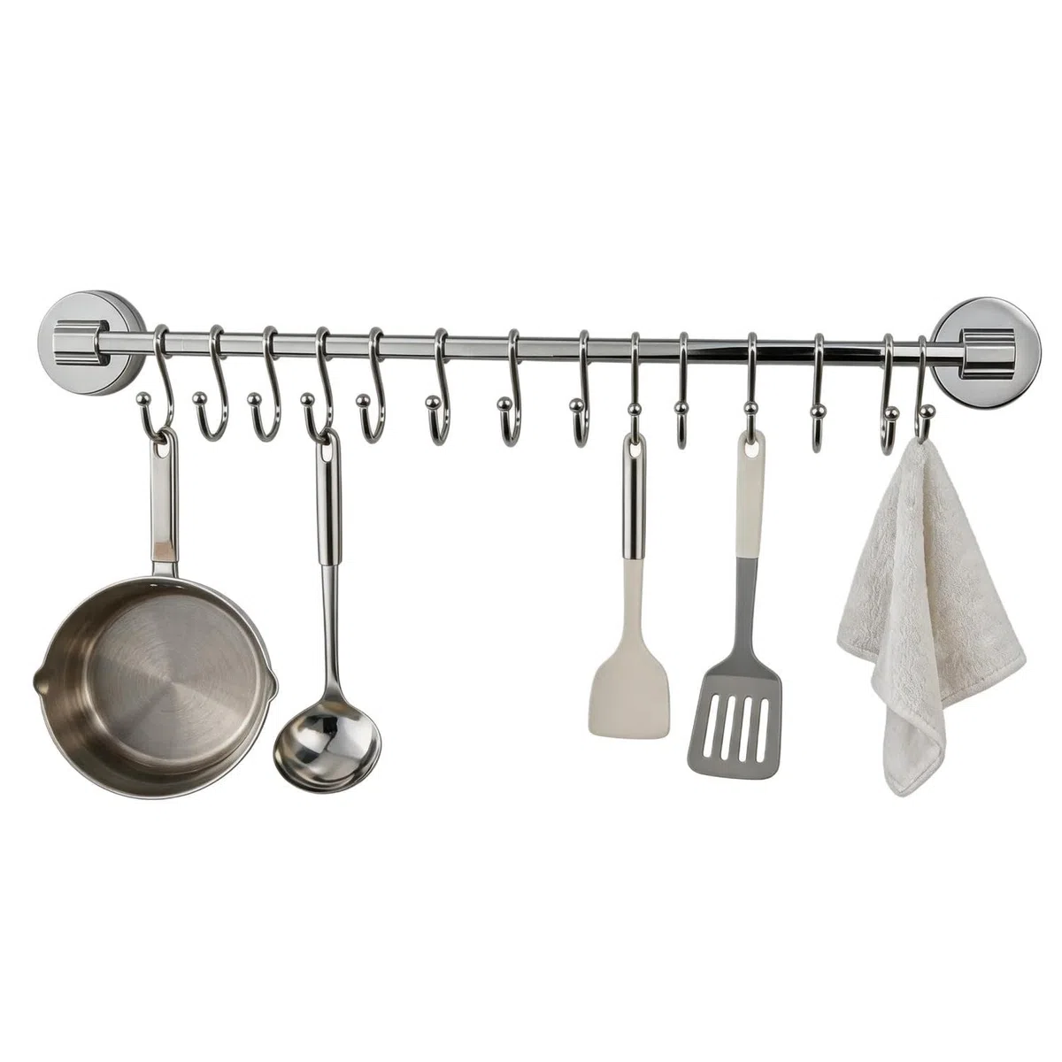 Küchenhakenleiste mit 12 Haken S, Saugnapfmontage, Wandorganizer OHNE BOHREN, Traglast 10 kg, für Töpfe und Zubehör, Edelstahl silber (galvanische Beschichtung)