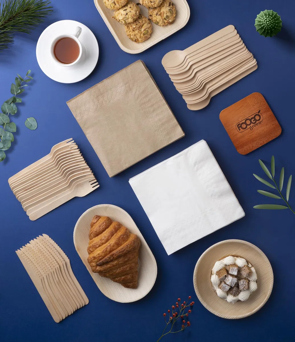 FOOGO Green 250 Stück Einweg-Holzbesteck und weiße Servietten, 50 x Gabeln, 50 x Messer, 50 x Löffel, 100 x braune Servietten, 2-lagige starke Papierservietten, umweltfreundliches Besteck-Set,