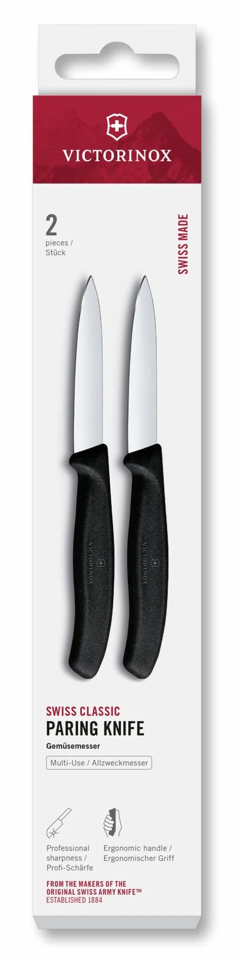 Victorinox Swiss Classic, Schäl- und Gemüsemesser Set, 2teilig, Extra Scharfe Klinge, Gerader Schliff für Präzise Schnitte, 8 cm, Rostfreier Stahl, Schwarz (Packung mit 2)