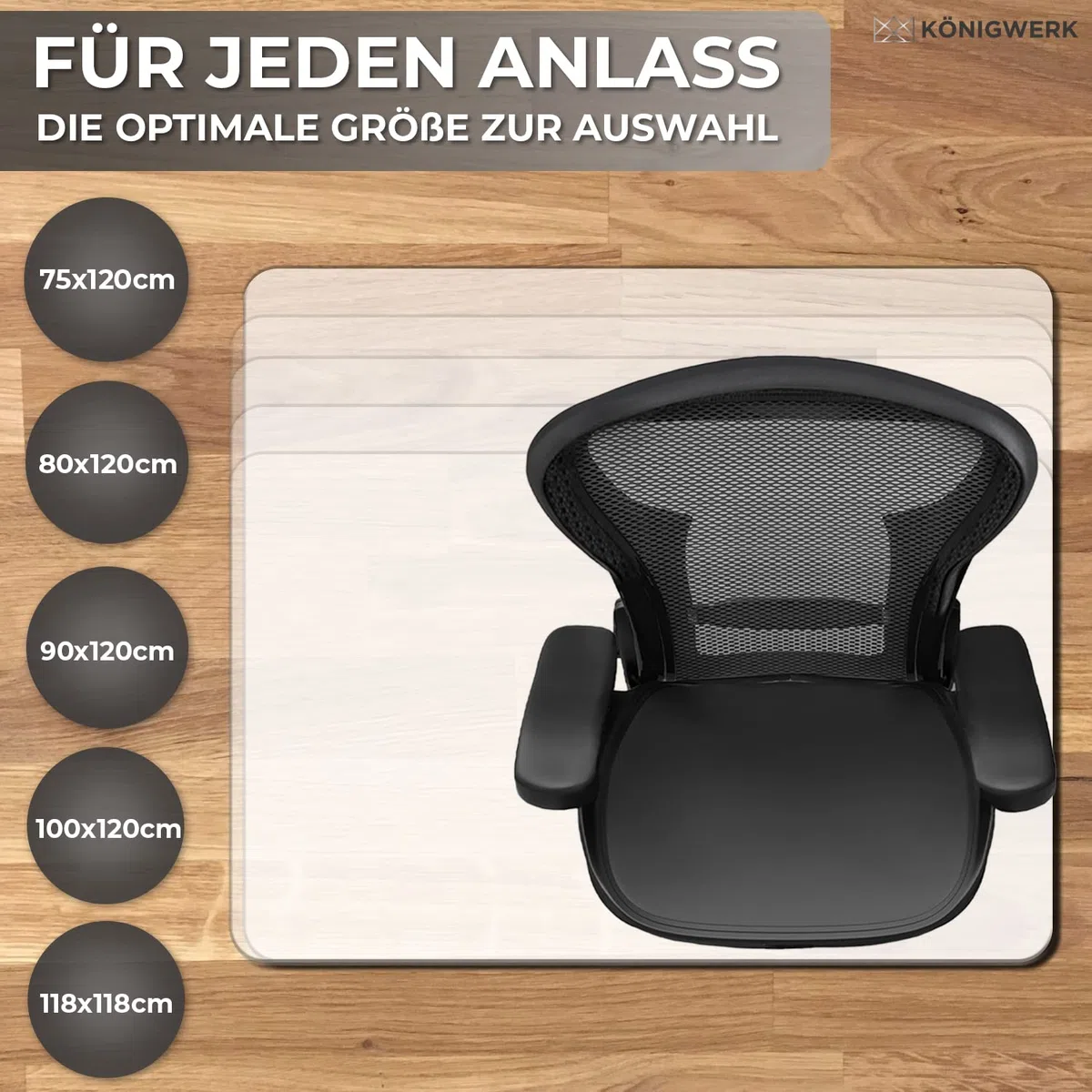 Königwerk Bodenschutzmatte Bürostuhl versch. Größen - Bürostuhl Unterlage rutschfest in milchweiß - Made in Germany - 90 x 120 cm