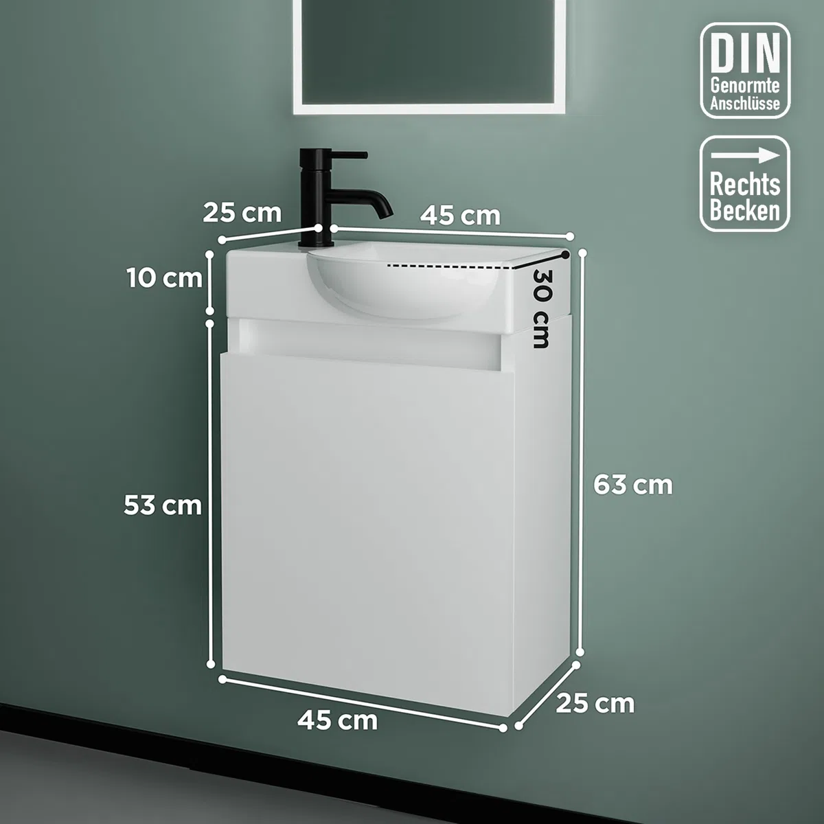 Alpenberger Badmöbel Set Vormontiert | Waschtisch mit Unterschrank 45 x 32 cm | Handwaschbecken aus Keramik mit Überlauf | Waschbeckenunterschrank mit Soft-Close Funktion | Bad und Gäste-WC