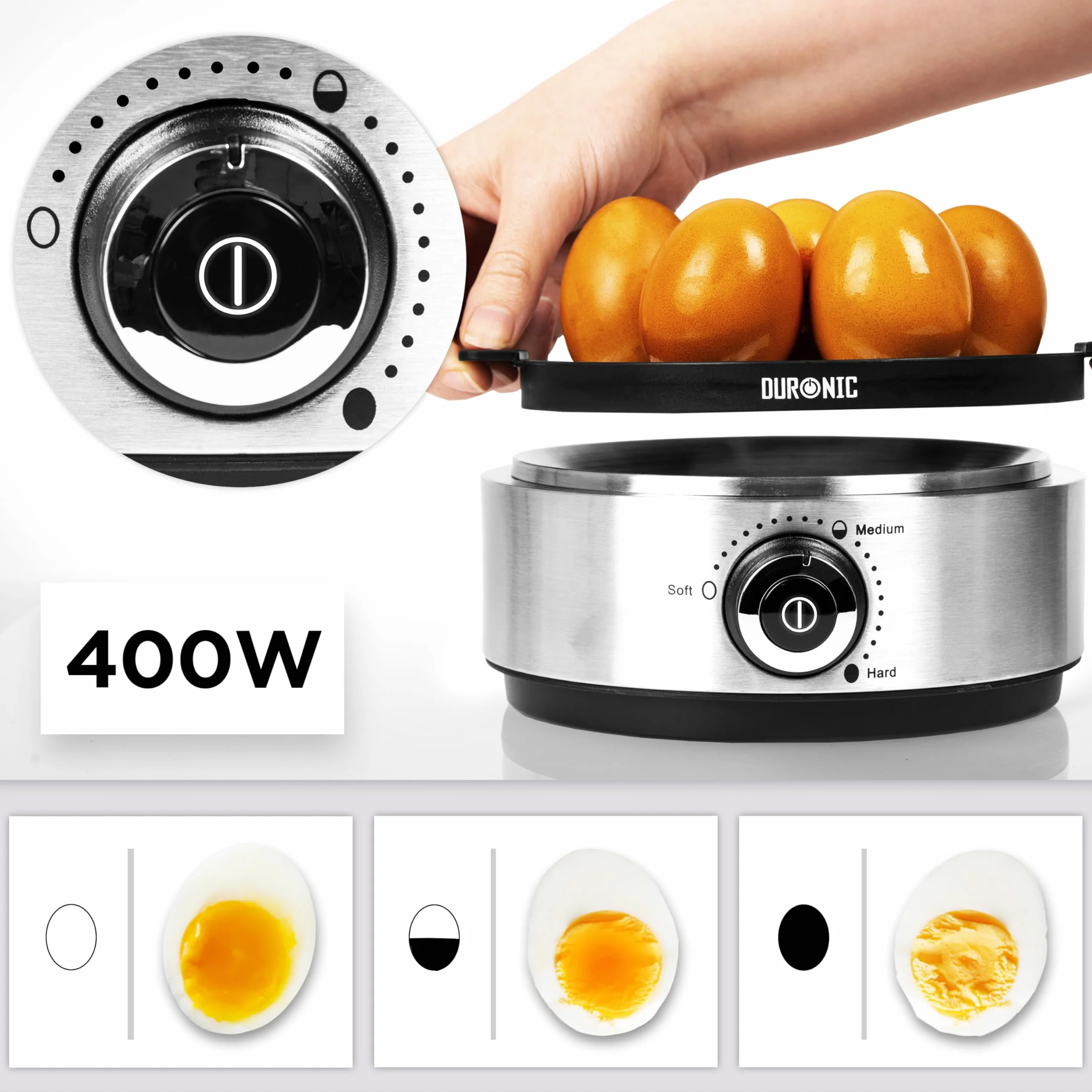 Duronic EB40 BK Eierkocher für 1–7 Eier, elektrischer Eierkocher 400 W mit Härtegradeinstellung (weich–hart), Timer & Überhitzungsschutz, inkl. Messbecher und Eipick, kompakt