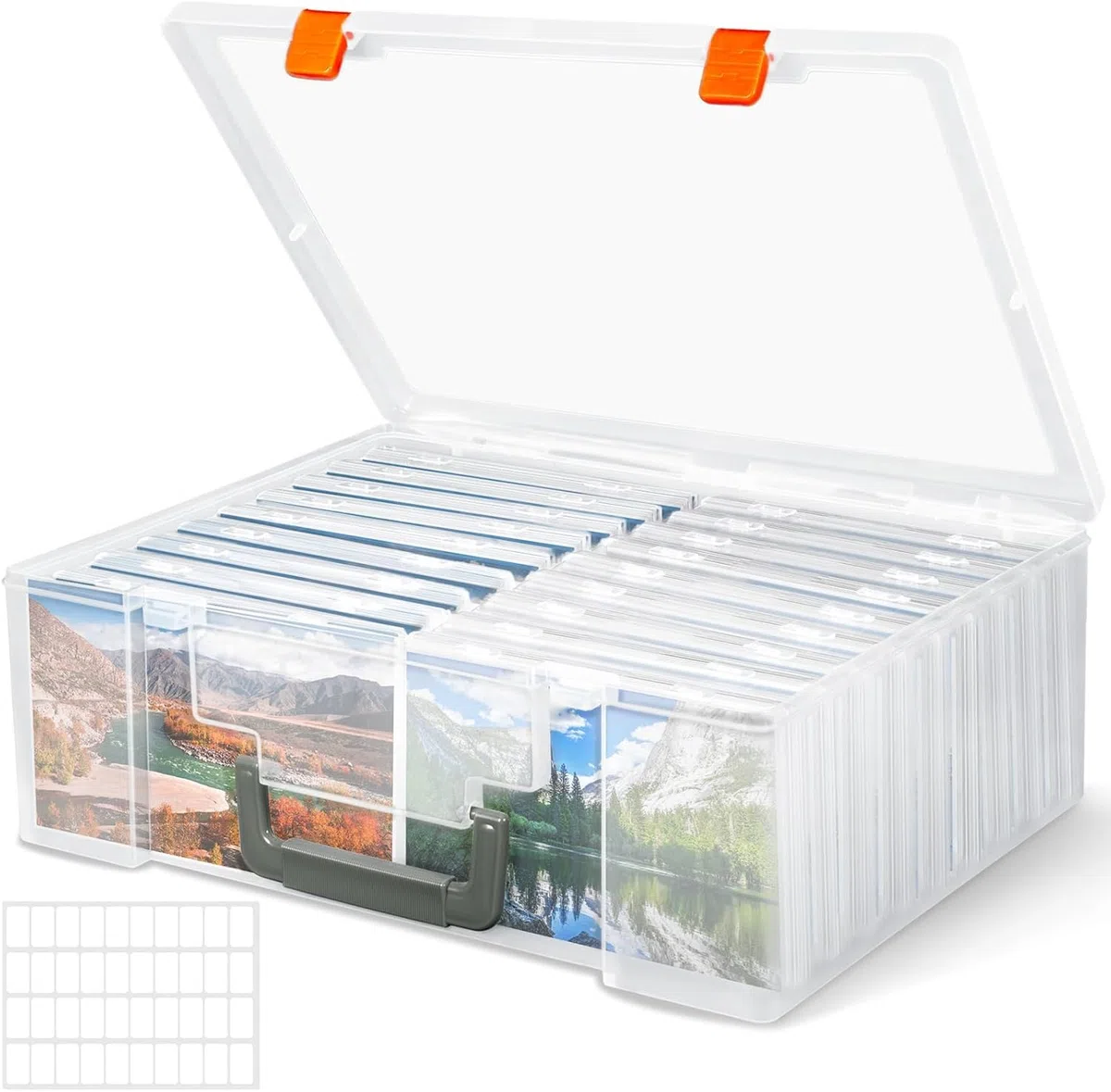 Fotoaufbewahrungsbox mit 18 innere Fotohalter, 17 x 10 x 2,5 cm Fotoetui, mit Aufklebern, Durchsichtige Fotoboxen zur Aufbewahrung für Saatgut, Karten, Handwerk, Aufkleber, Bürobedarf