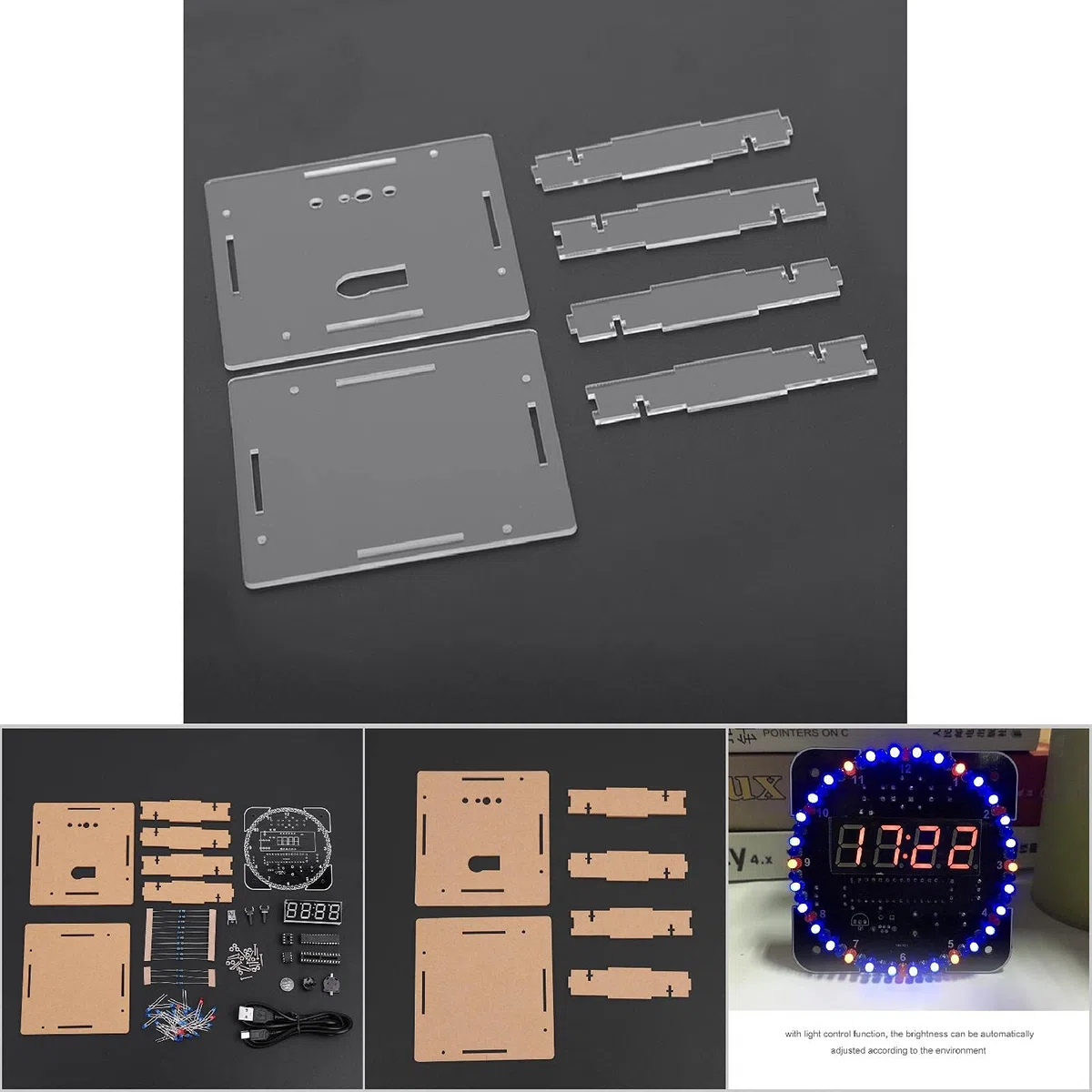 KIMISS Clock Suite Clock Set Kunststoff DIY Lichtsteuerung Rotation Digital LED Elektronische Temperaturuhr Kit Suite W USB-Kabel Blau (Blaue Teile + Netzkabel + Gehäuse)