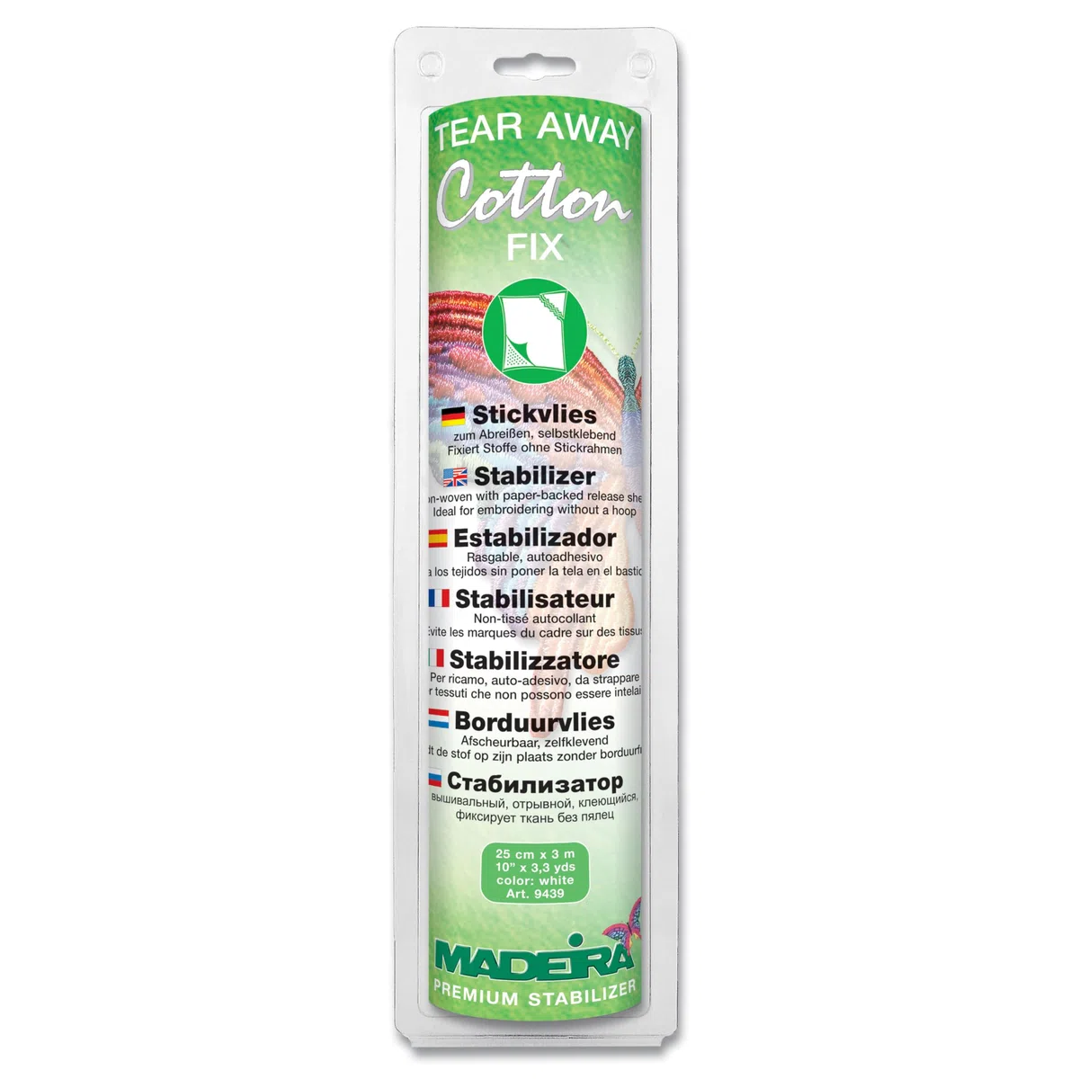 Madeira Tear Away Cotton Fix Stickvlies Selbstklebend,30 cm x 3m,Weiß, Weiss