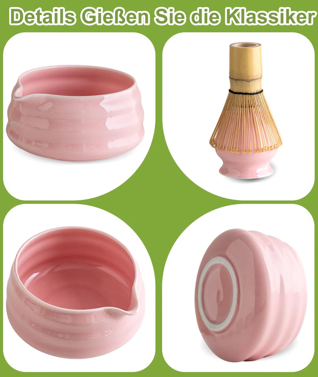 JBER Matcha Besen Set, Matcha Set Rosa 7-Teiliges - Bambus Matcha Besen und Besenhalter, Matcha Schale mit Auslauf, Sieb, Löffel und Halter, Japanisches Matcha Tee Set für Matcha-Liebhaber - Pink
