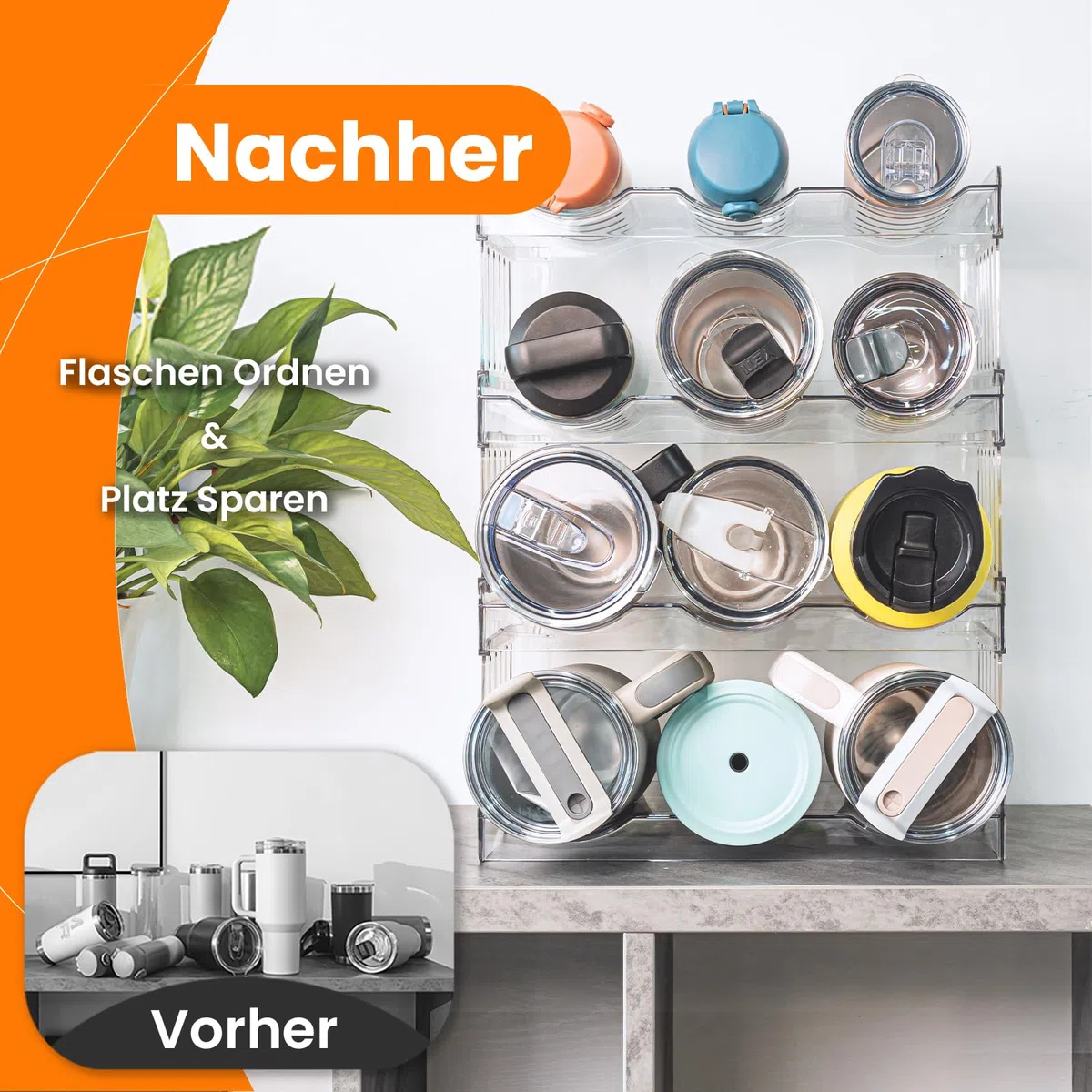 Gracenal Stapelbar Flaschenregal, Flaschenhalter für Küche Schrank Flaschen Organizer, Kühlschrank Getränke Organizer, 4 Schichten Stanley Cup Zubehör für 1,2L Flaschen