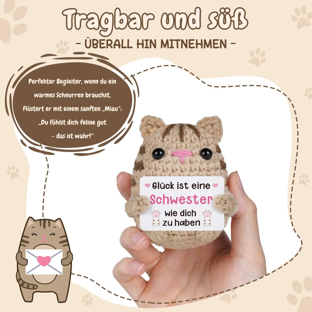 Vetbuosa Schwester Geschenk - Handgehäkelte Katzenpuppe mit Karte, Geschenkideen für Schwester zum Geburtstag Weihnachten Muttertag
