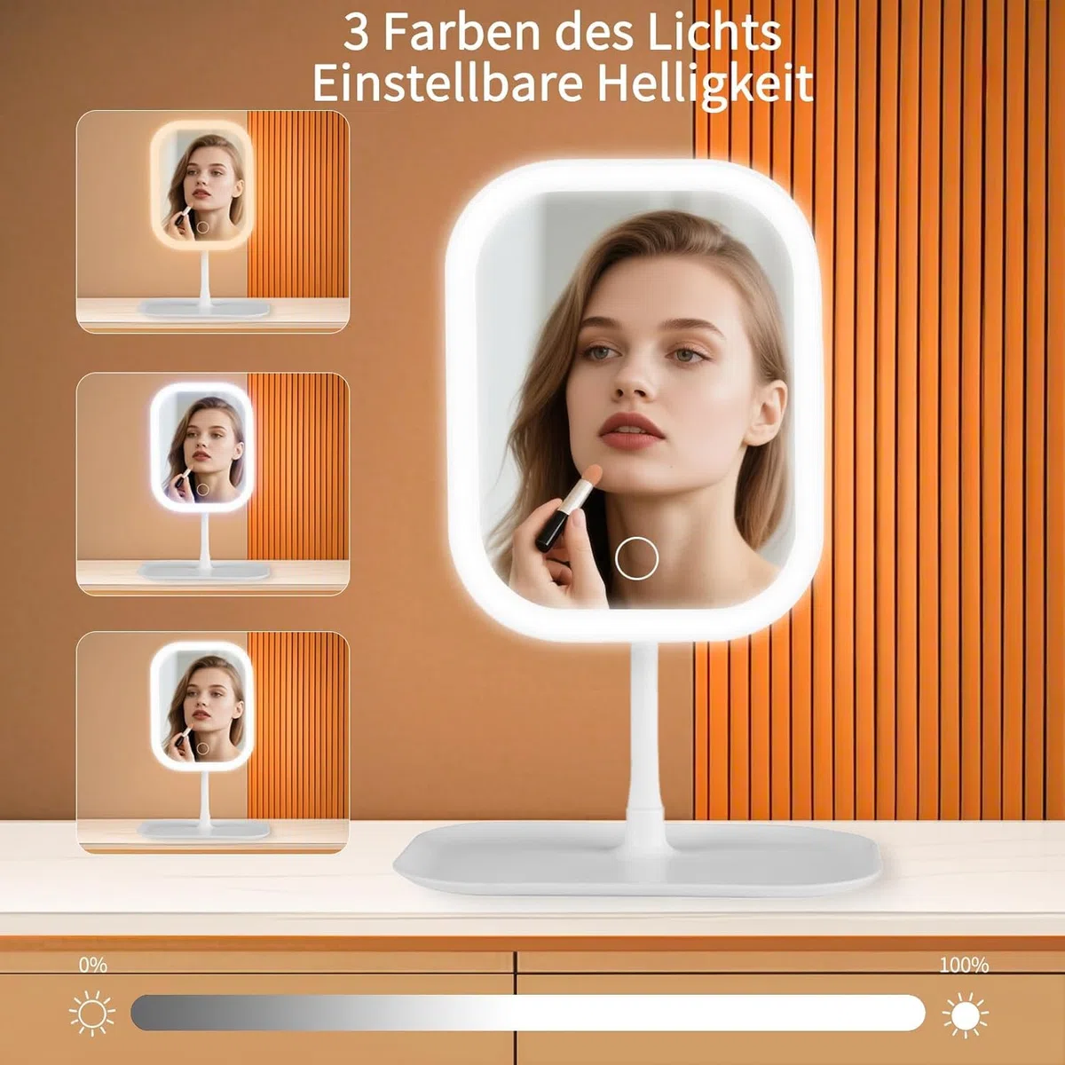 Schminkspiegel mit Beleuchtung, Dimmbare Helligkeit Vanity Spiegel, Wiederaufladbare Touch Tischspiegel für Schlafzimmer Schminktisch Zuhause Reise
