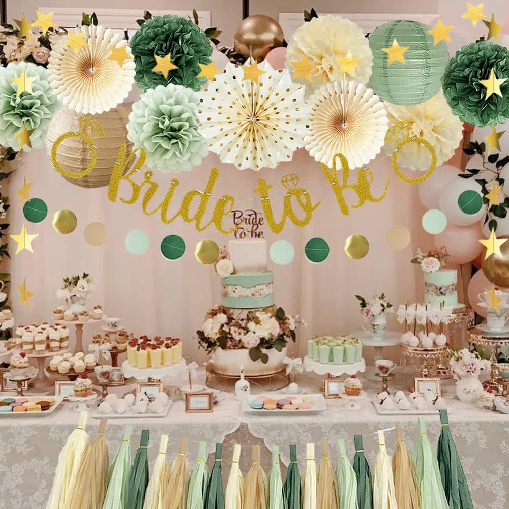 Junggesellinnenabschied Frauen Bride to Be Deko Salbeigrün JGA Deko Bride To Be Banner Papier Girlande Seidenpapier Pom Poms for Brautdusche Dekorationen
