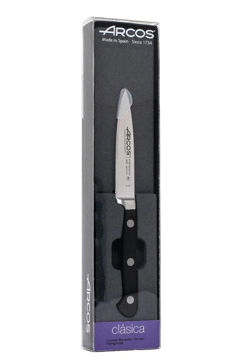 Arcos Professionelles Küchenmesser - Geschmiedete Edelstahlklinge 100 mm - Robuster POM-Griff Schwarz - Klassische Serie für präzises Schneiden