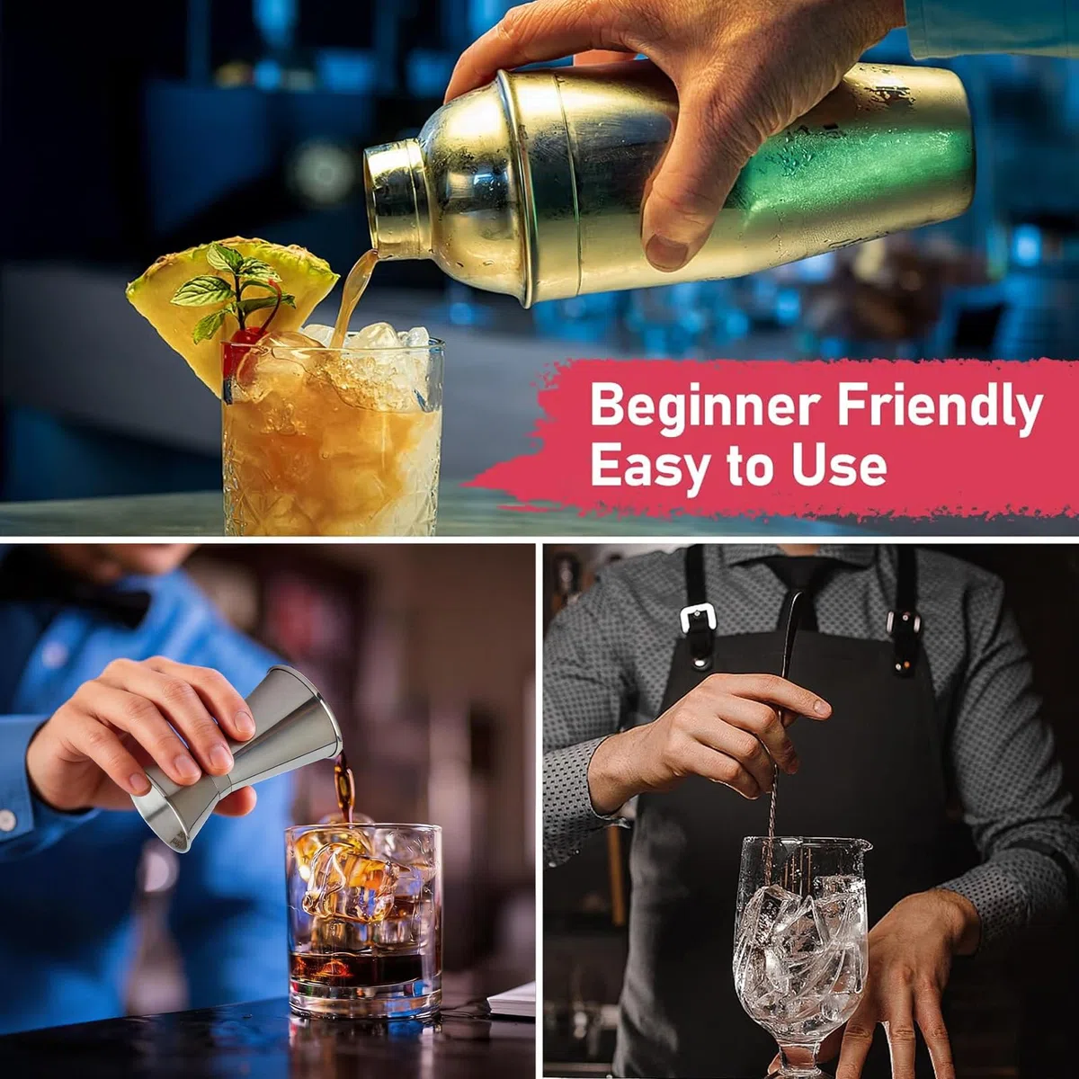 Cocktail Shaker Set 750ml Cocktailshaker Martini Shaker mit eingebautem Sieb - Professionelles Edelstahl Barkeeper Set inkl Messbecher, Bar-Löffel - Für Martini, Margarita & Mixgetränke, Silber