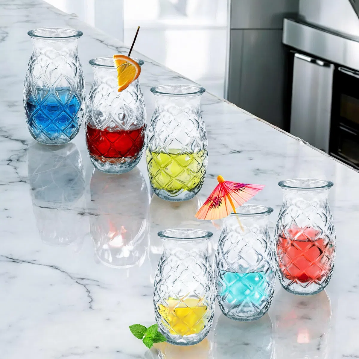 Spetebo Cocktail Glas Ananas Design 400 ml, 6er Set, klar mit Relief | Longdrink Partygläser, Pineapple Tiki Cocktailbecher, Spülmaschinengeeignet, Wiederverwendbar, Für Wasser und Saft