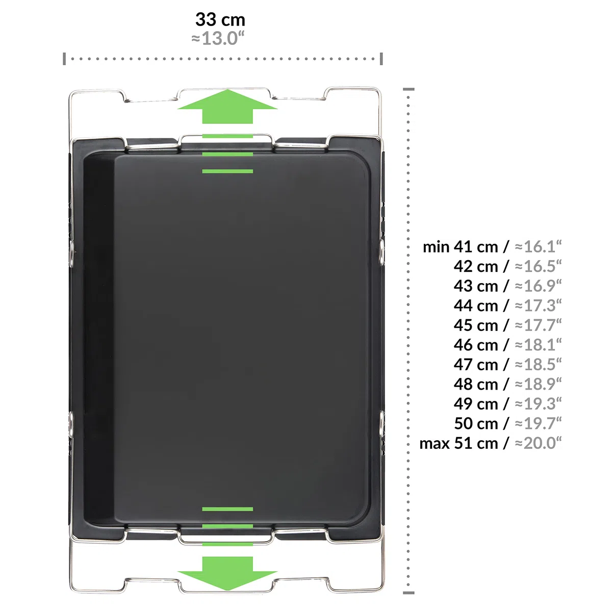 Grizzly Backblech Größenverstellbar, Ofenblech von 41 bis 51 cm Ausziehbar, mit 2 cm Hohem Rand, Verstellbares Backofenblech, Antihaftbeschichtung, 33 cm Breite