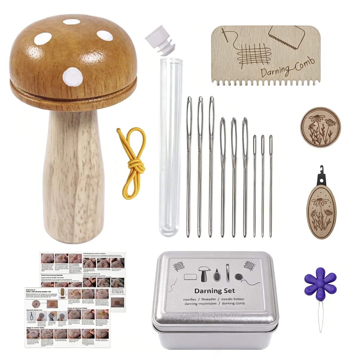 Stopfpilz Set Aus Holz Webernadel Mit Kugelspitze Pilzform Mit 9 Nähnadeln Und 2 Nadeleinfädler Holzwerkzeug Stopfpilz Mit Etui Für Nadeln Für DIY Handnähen, Socken, Stricken, Kleidung, Schals