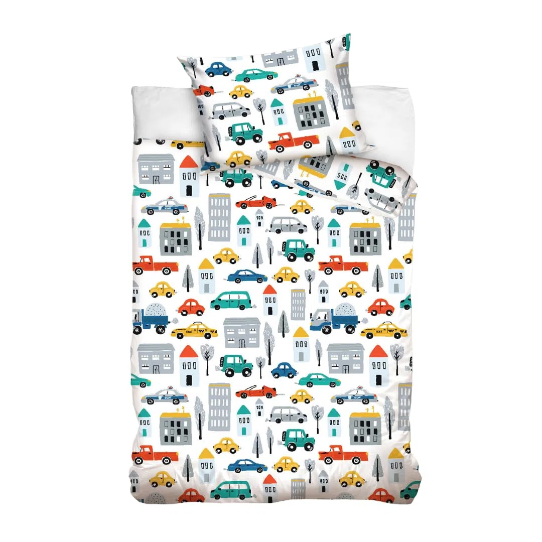 MTOnlinehandel Kinderbettwäsche 100x135 aus 100% Baumwolle - Bettwäsche für Kinder, Auto, Car, Bagger, Fahrzeuge, fröhlich bunt für Jungen, Babybettwäsche Polizei & Baustelle