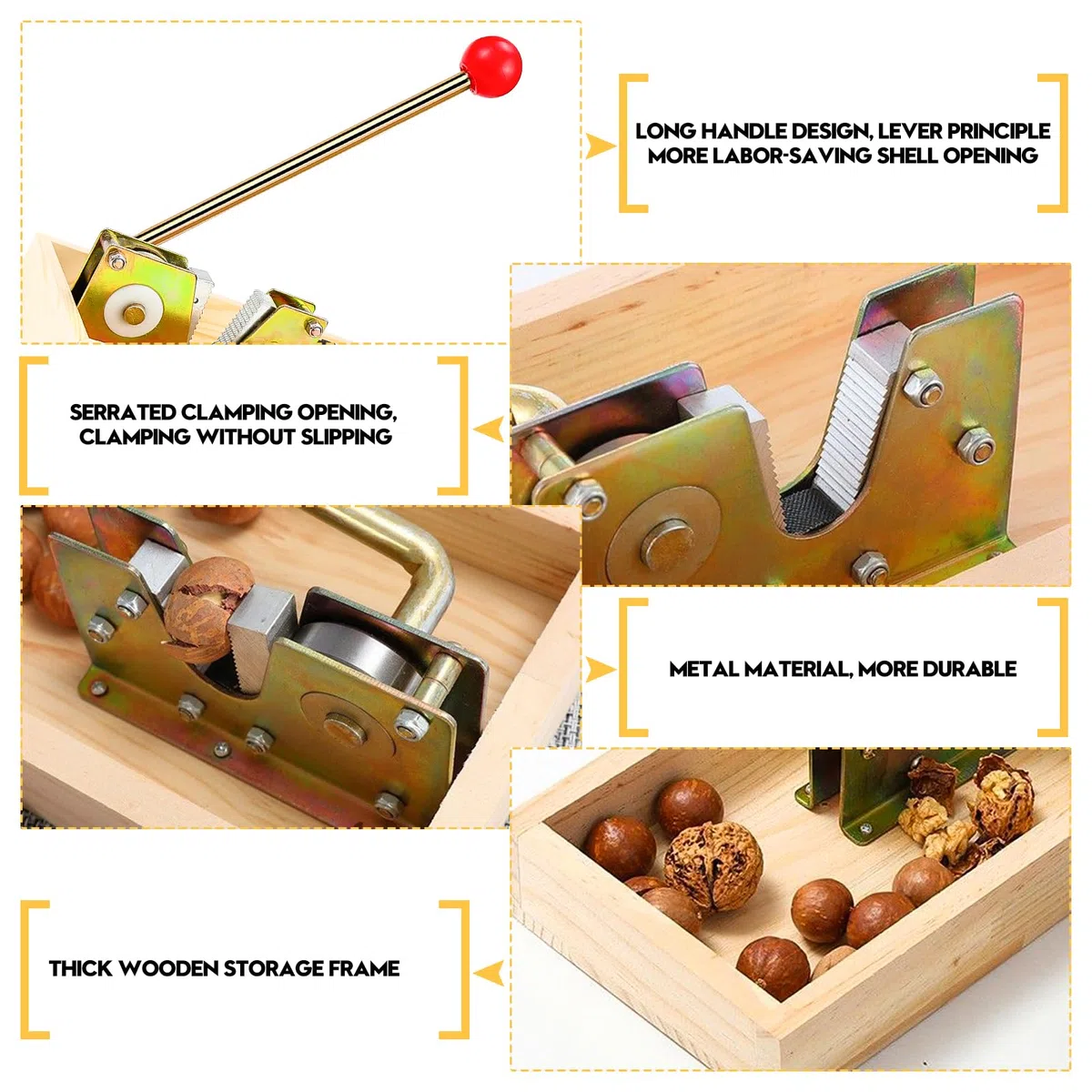Raxfekro Nussknacker Walnüsse, Walnussknacker mit Hebel-Funktion, Nutcracker Grönverstellbar, Nußknacker mit Holzbasis Griff Geeignet zum Öffnen von Mandeln, Walnüssen, Macadamianüssen usw