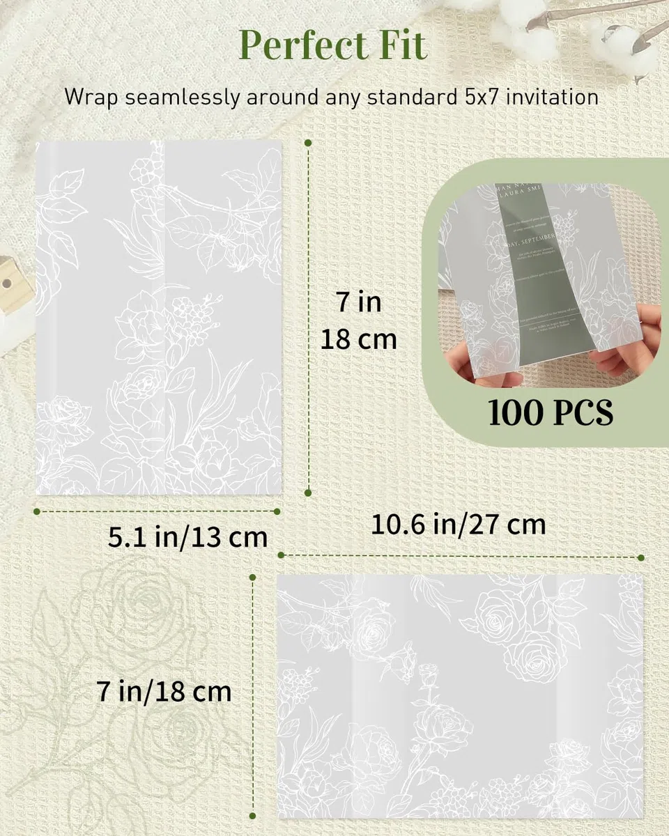 Uniclife 100er Pack Hochzeitstransparenthüllen für 13x18 cm Einladungen, 115 GSM Transparentes Pergamentpapier Einladungshüllen Vorgefaltete Florale Hochzeitseinladungsverpackungen (Weiße Rose)
