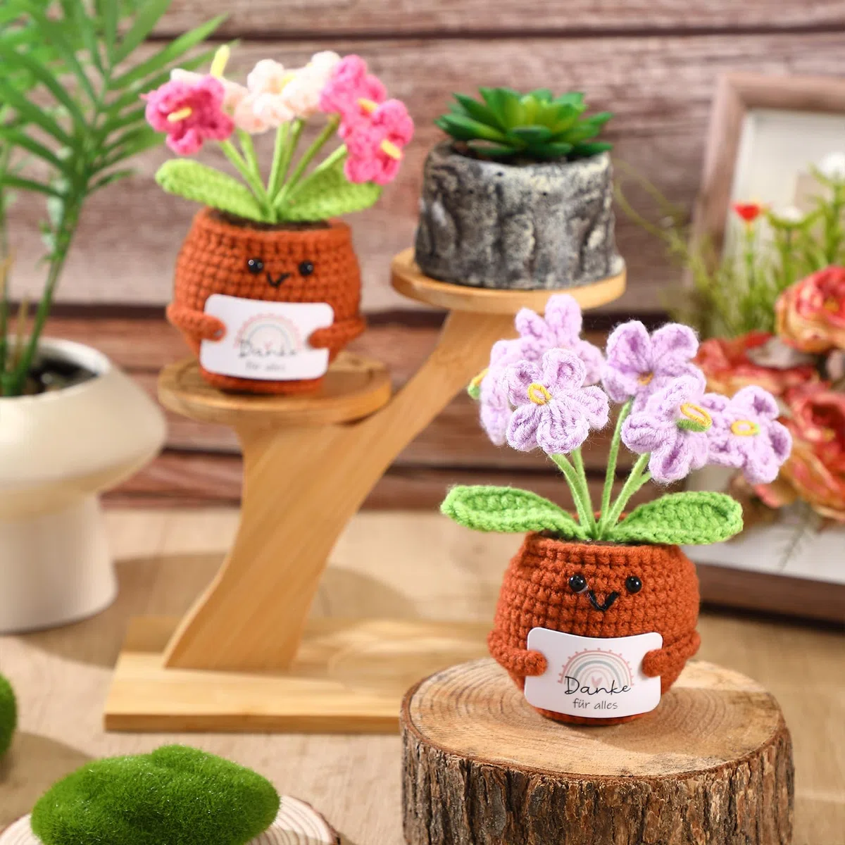 Namalu Dankeschön Geschenk 2er Set Häkel Blumentopf Puppen mit Karte „Danke für Alles“ - Mini Positive Gehäkelte Blumen Geschenk für Lehrer & Kollegen zum Abschied, Geburtstag & Abschluss