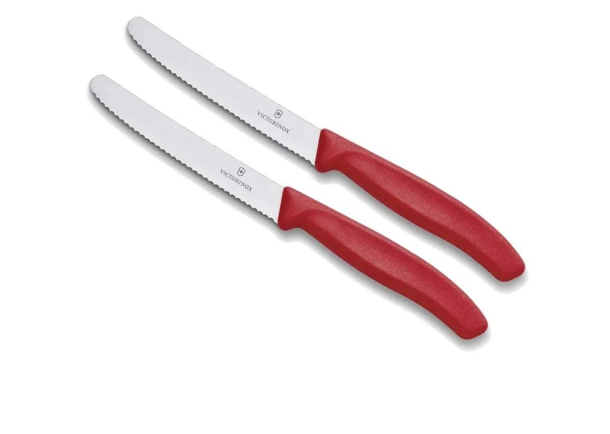Victorinox | Küchenmesser-Set | 2 Stück Rot | Klingenlänge: 11cm | Extra scharfer Wellenschliff | Tafelmesser mit ergonomischen Griff
