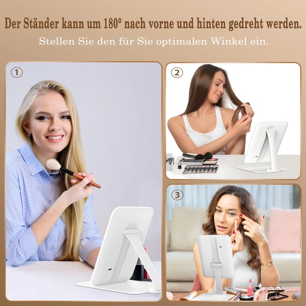 Kosmetikspiegel mit Beleuchtetung, Wiederaufladbar Touchscreen Schminkspiegel, 3 Farben Dimmbarer Faltbar Tischspiegel, Ultraschlank Tragbarer Reisespiegel mit Licht