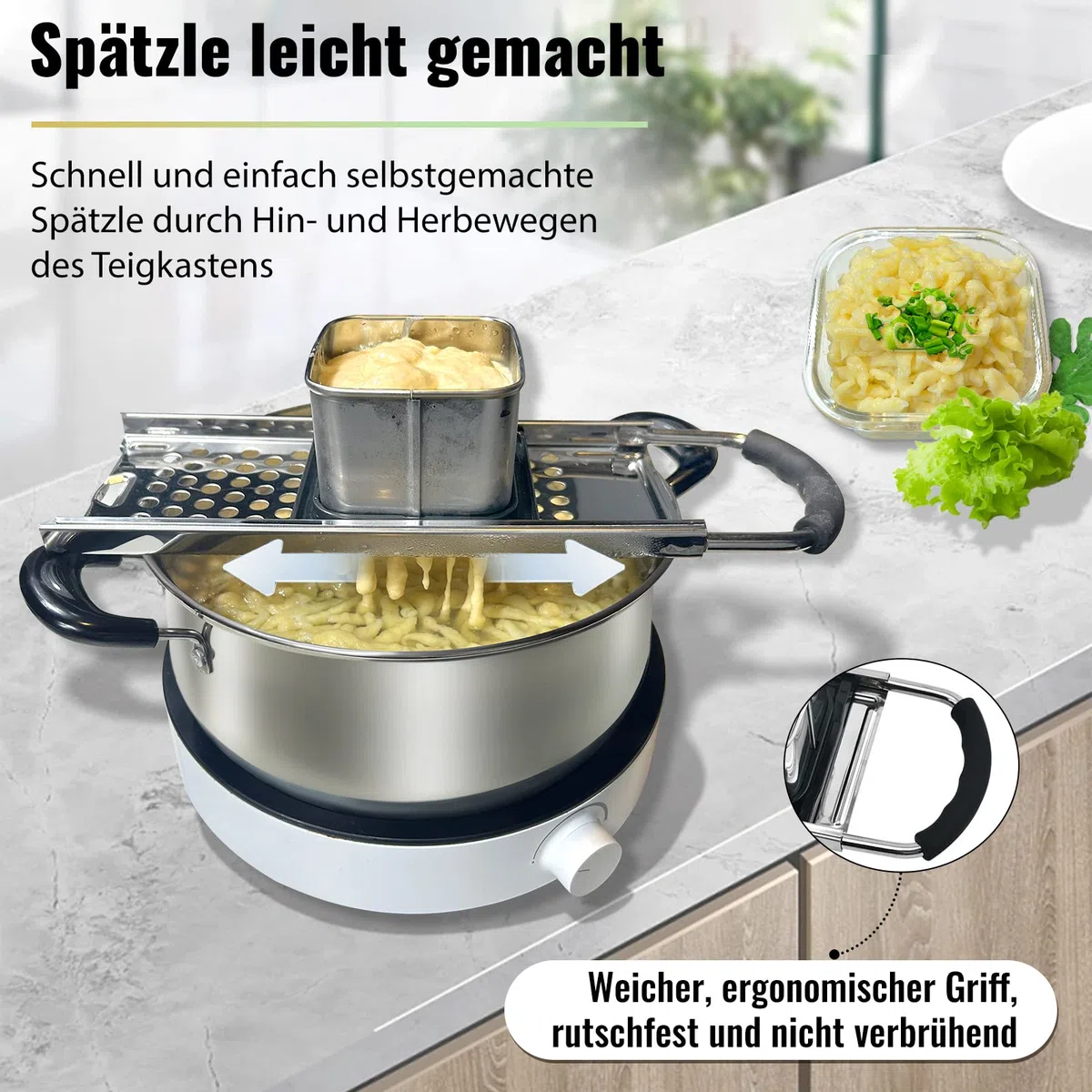 Spätzlehobel,Spätzlepresse mit Gummigriff,Spätzlereibe aus hochwertigem Edelstahl spülmaschinenfest,Spätzlesieb ist ideal für selbstgemachte Spätzle und Knöpfle für alle Töpfe bis Ø 30 cm.
