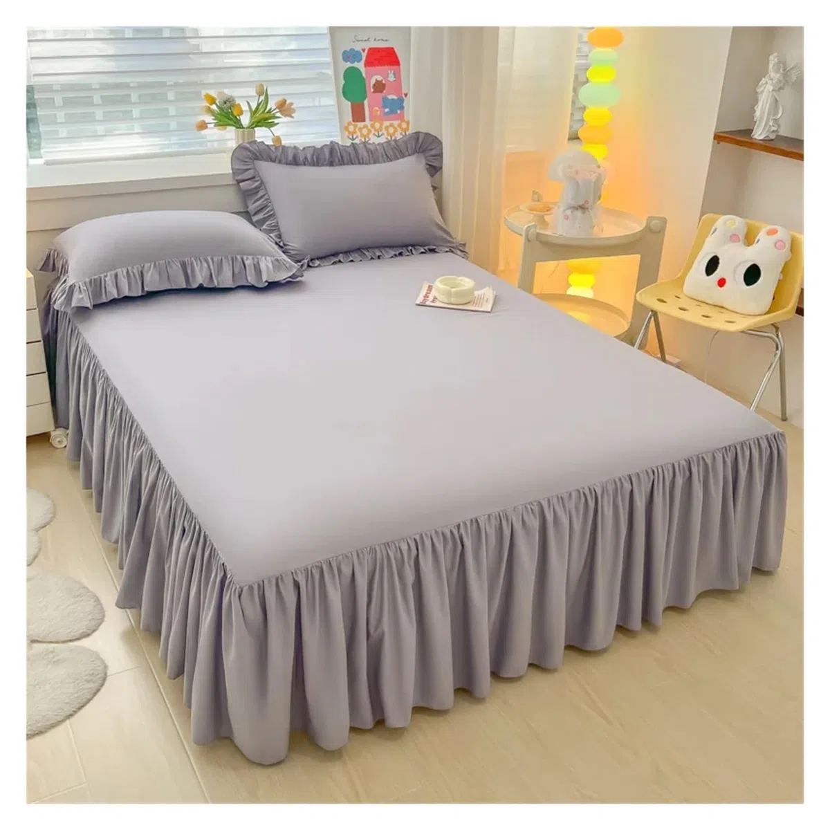 Bettrock Rüschen Eleganter Prinzessinnen-Bettrock, Rutschfester Matratzenbezug, gekräuselte Spitze, Bettlaken, Bettdecke, Schutz for Zuhause, Tagesdecke, Bettrock(Grey,1 pc Skirt 140x200cm)