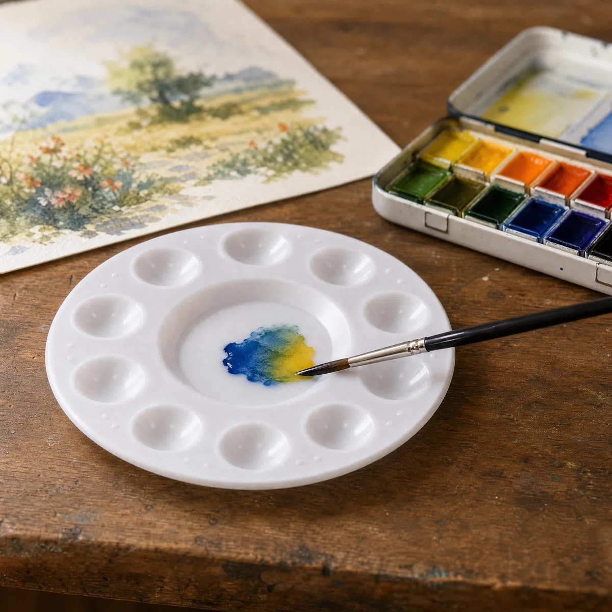 SINJEUN 30 Stück Runde Mischpalette mit 10 Mulden, Kunststoff Malpalette für Aquarell Malen und Kunsthandwerk, 16.2 cm Weiß