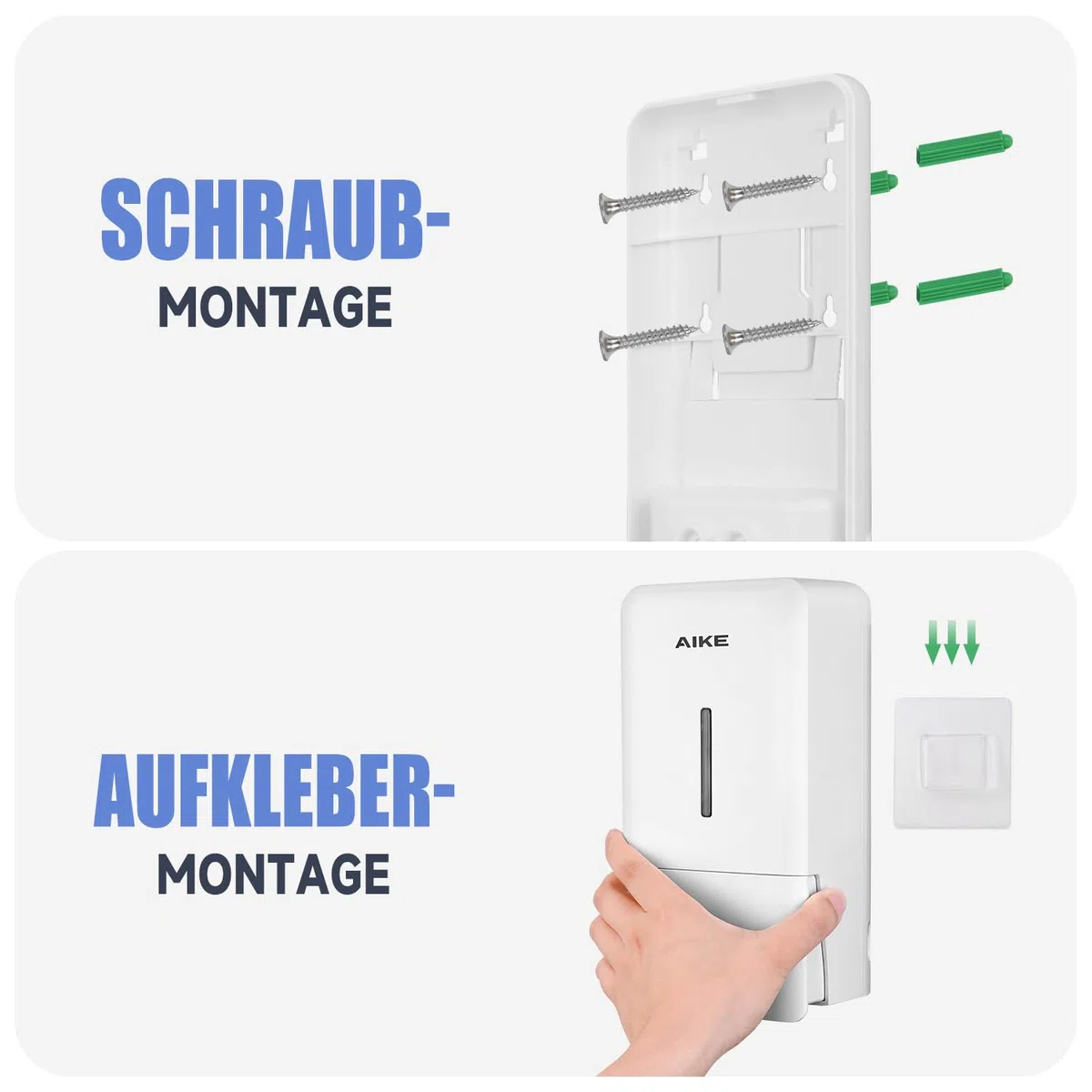AIKE AK1006 800ML Seifenspender Wandbefestigung Ohne Bohren, Manueller Wandseifenspender aus Kunststoff, Flüssigseifenspender für den öffentlichen Gebrauch, Weiß