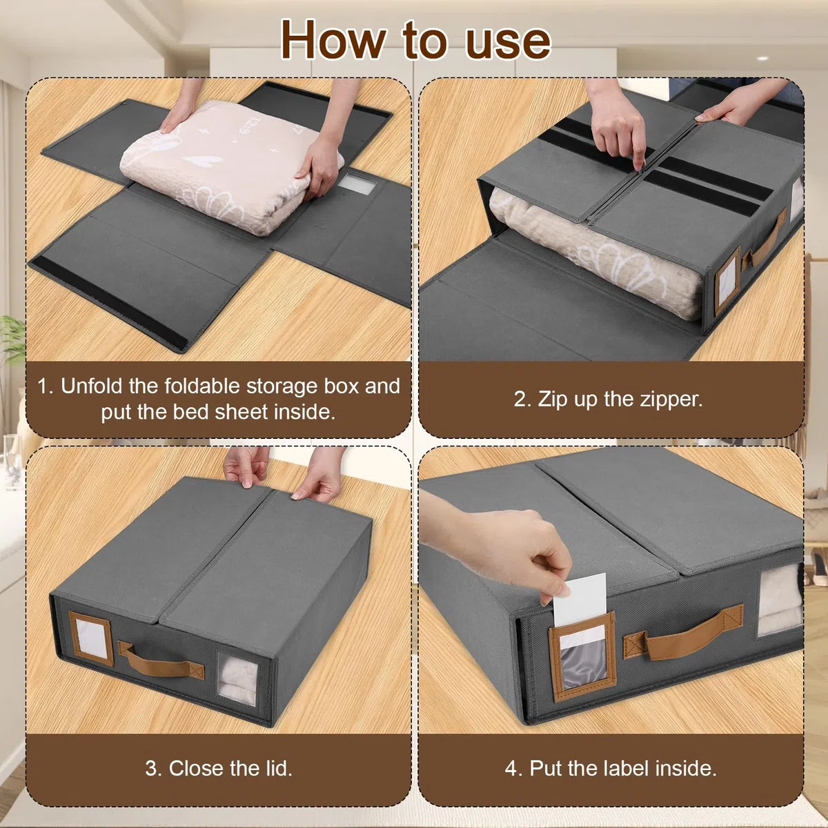 Zocipro 3 Stück Bettwäsche Aufbewahrung Organizer, 38 x 32 x 11,5 cm Faltbare Bettlaken Organizer mit Griff und Fenster, Bettwäsche organizer Box für Laken,Bettbezüge,Decken und Handtücher,Grau