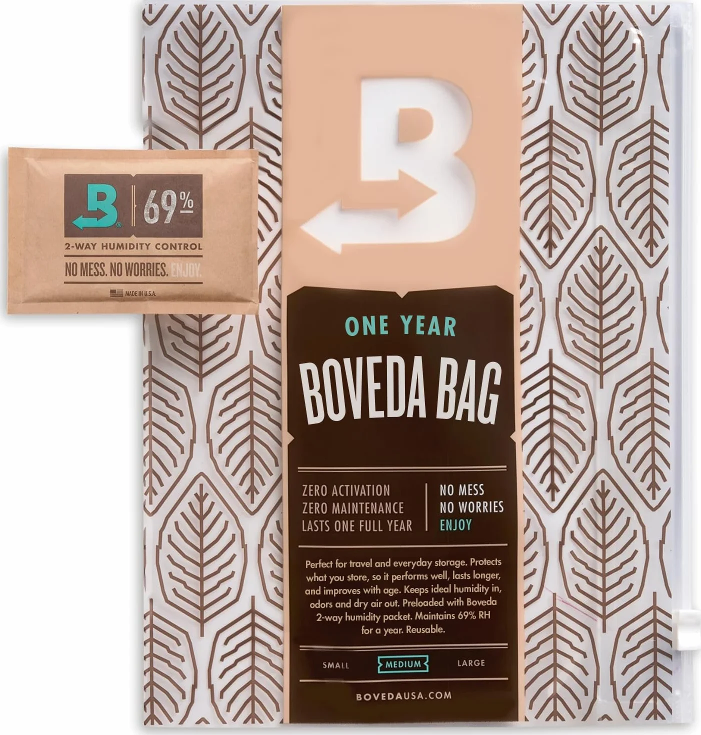 Boveda für Zigarren | Mittelgroßer Humidorbeutel | mit 2-Wege-Feuchtigkeitsregulierung mit 69% relativer Feuchtigkeit | Zigarrenlagerung für 10-15 Zigarren | 1 Stück