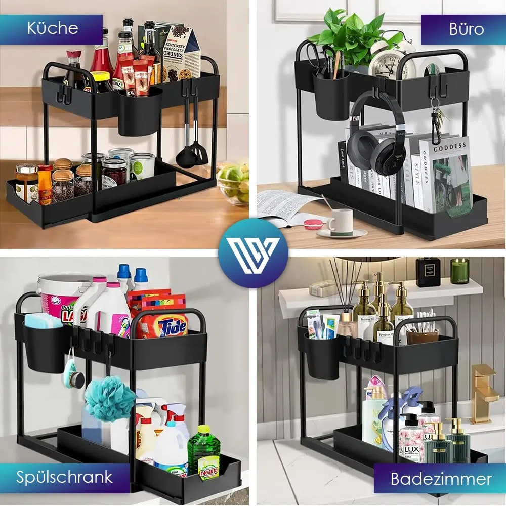 Unter-Spüle Organizer – Küchen Organizer für Spülenschrank & Bad – 2 Etagen Regal platzsparend mit 4 Haken, 2 Bechern & 4 Trennblättern – Schwarz