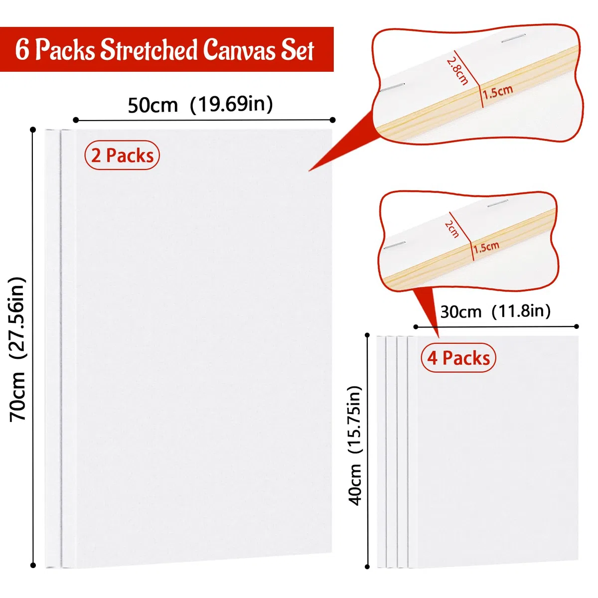 6 Stück Leinwand zum Bemalen 50x70cm - 2 Stück, 30x40cm - 4 Stück, 280g/m² groß keilrahmen Leinwände Set mit Holzkeile, Weiß Canvas für Ölgemälde, Acrylfarben, Aquarell, Gouache