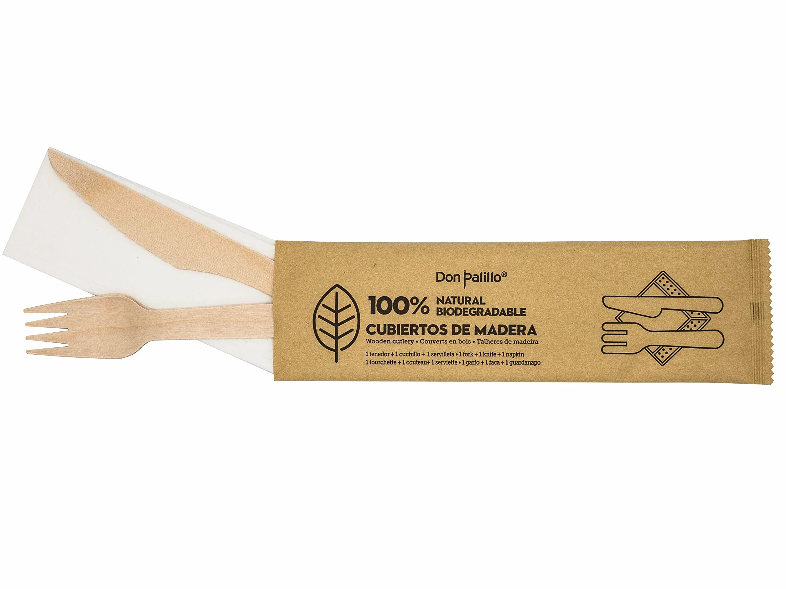 50 Sätze Einweg-Holzbesteck mit Kraftpapier ummantelt. Jedes Set enthält 1 Gabel + 1 Messer + 1 Papierserviette