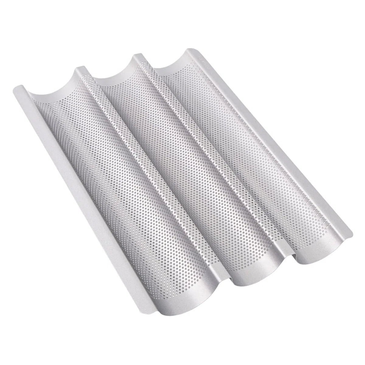 Baguette Backform, Brot Backen Zubehör, Baguette-Backblech mit Antihaftbeschichtung für 3 Baguettes, Backformen (38 x 27.5 x 3.2 cm, Silber)