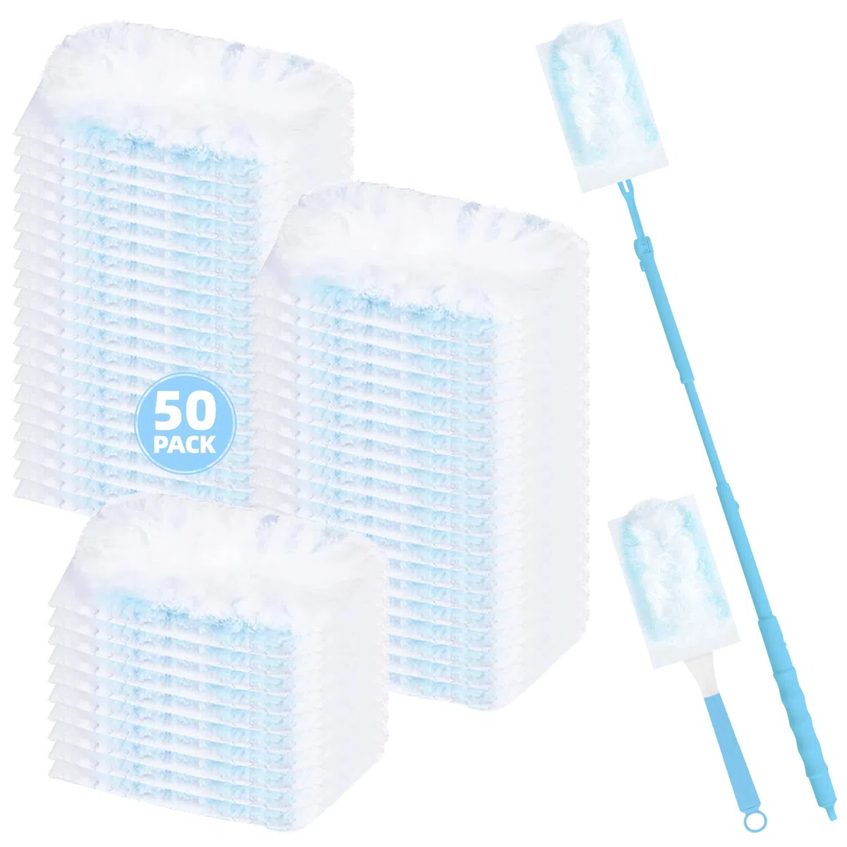 52 Stück Staubmagnet Kompatibel mit Swiffer Staubmagnet Nachfüllpack,Einweg Magnet Staubwedel für Swiffer Duster, zur Reinigen von Tierhaare Staub Schmutz (50 Tücher + 2 Griffe, Blau)