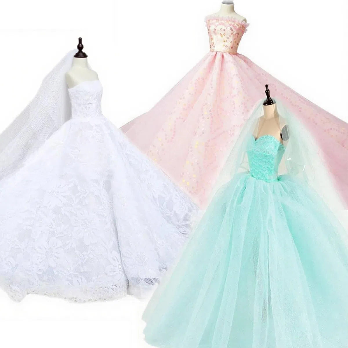 Abree 3 Stück Kleider Set Abendkleid Ballkleid Prinzessin Kleidung Dress Bekleidung mit Brautschleier für Puppen Weihnachten Party Geschenke (A)