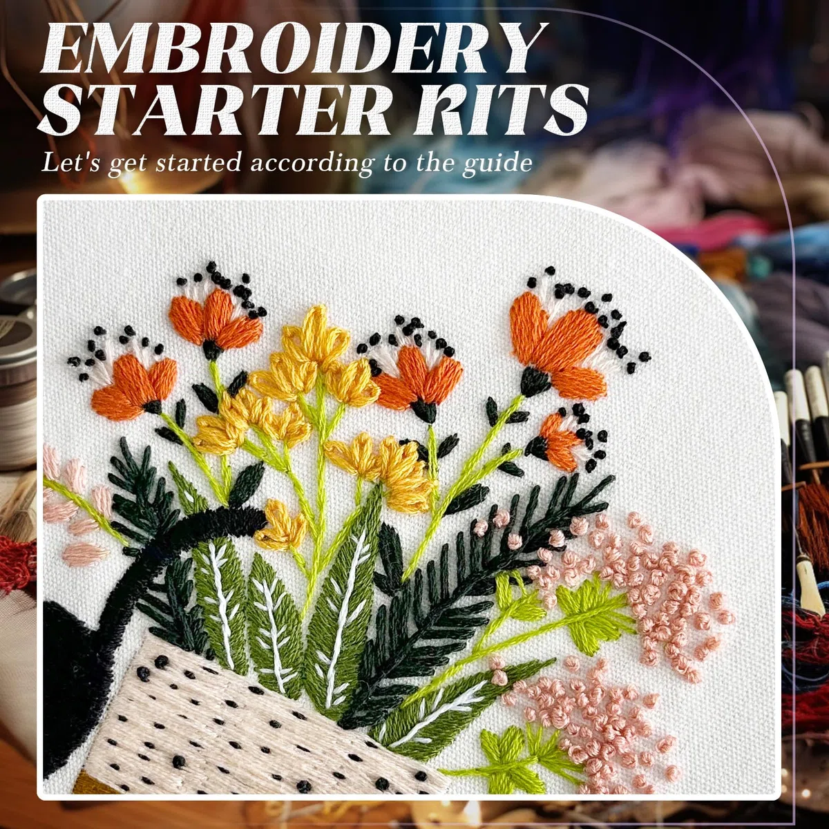 WIVLAX Handstickset für Erwachsene & Anfänger – Stickrahmen Set mit floralem Katzenmuster, inkl. Garn + Nadeln – DIY Näh-Geschenkset für Hobby & Entspannung