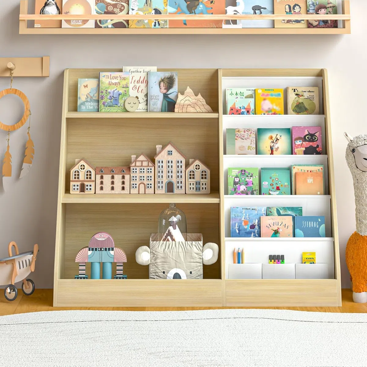 Kinderregal mit 4 Ablage und 3 offenen Fächern, Bücherregal für Kinder, Kinderzimmerregal, Bücherregal Aufbewahrungsregal für Kinder, Spielzeug-Organizer für Spielzimmer, 80 x 30 x 67.5 cm (Eiche)