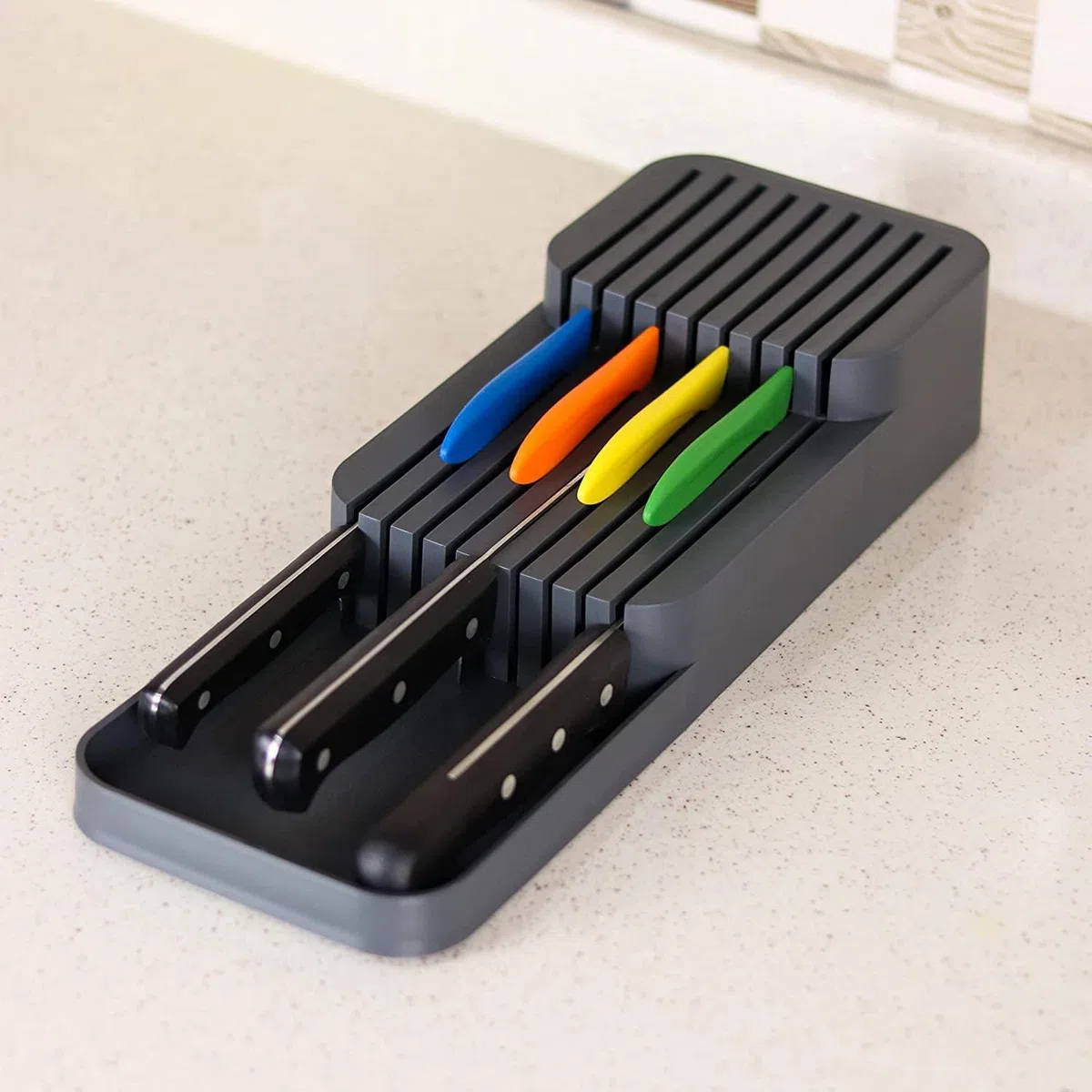 Messerorganizer für 18 Messer – zweistufiger Messerblock für Küchenschublade oder freistehend, rutschfest, platzsparend, dunkelgrau (39 x 14 cm)