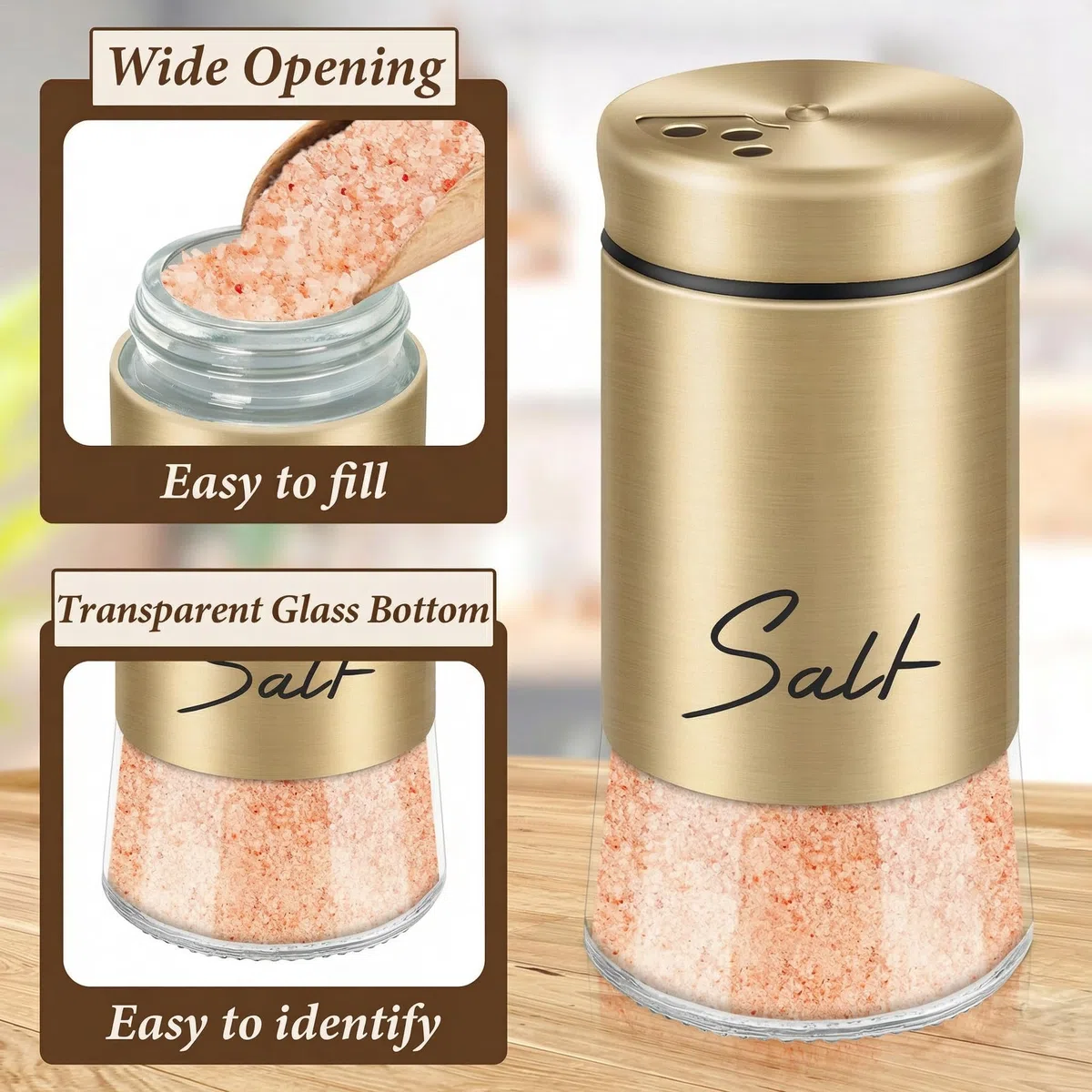 Goldfarbenes Salz- und Pfefferstreuer-Set, 142 ml, moderne Bauernhaus-Küchendekoration und Zubehör für Restaurant, Hochzeit, Einweihungsgeschenke, nachfüllbares Design (Gold)
