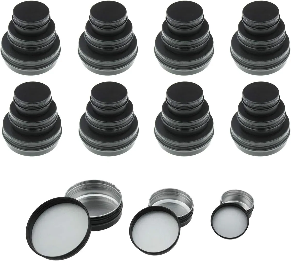 LJY 48 Stück Schwarze Aluminiumdosen mit Schraubdeckel (3 Größen Set) – Runde leere Metalldosen für Kosmetik, Creme, Balsam & Kerzen, 15ml 30ml 60ml Mix