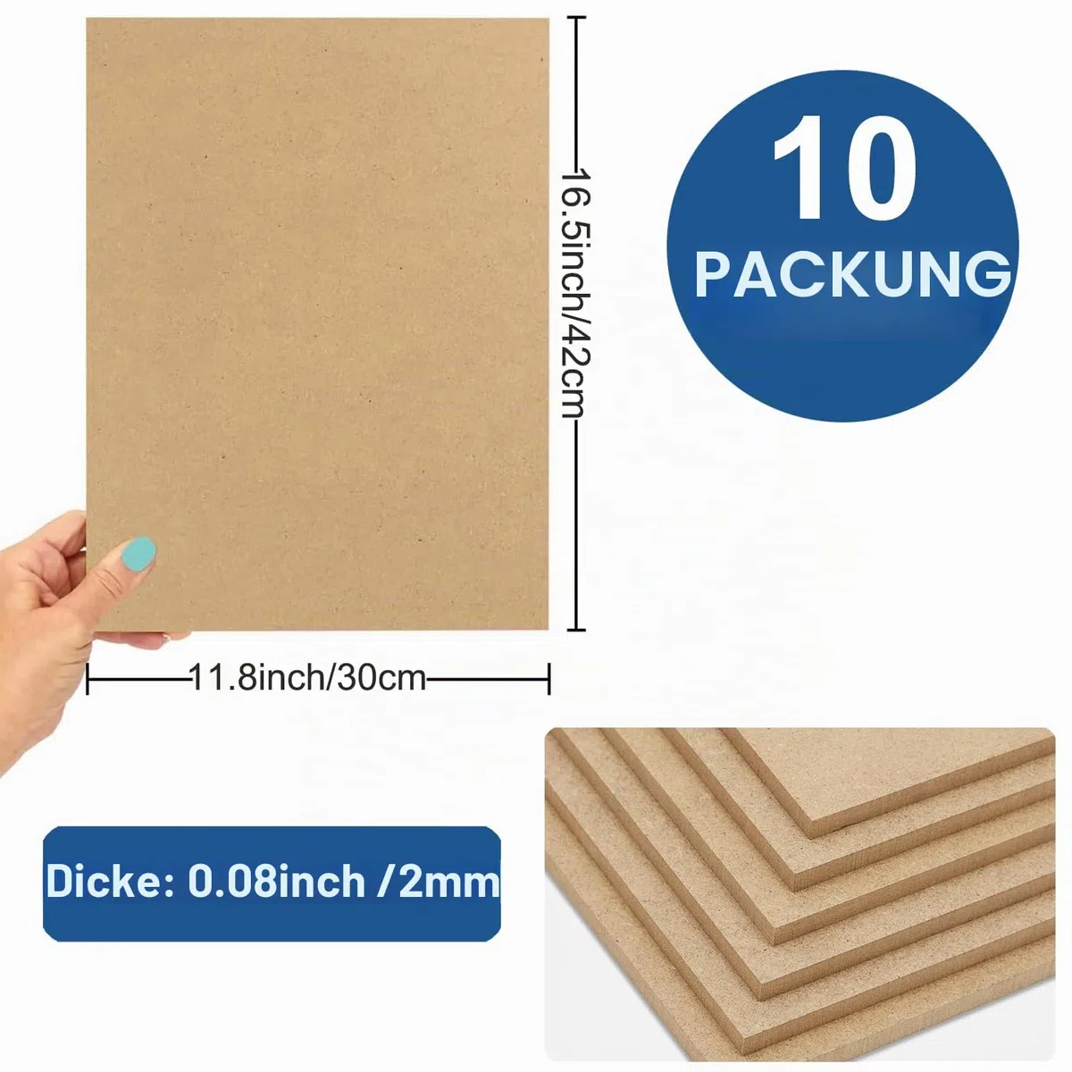 Acidea MDF-Holzplatte für Basteln, A3-2 mm dicke MDF-Platten, 42 x 30 cm, mitteldichte Faserplatte, unbehandeltes Holz, Masonitplatte, leere Hartfaserplatten, Spanplatten für Heimwerker, Malerei