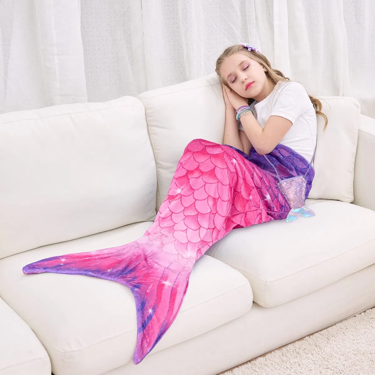 WERNNSAI Meerjungfrauen Schwanz Decke für Kinder Mädchen - Weiche Meerjungfrauen Decke mit Pailletten Portemonnaie Flanell Mermaid Blanket für Teenager Geschenk zum Geburtstag (Lila & Rosa)