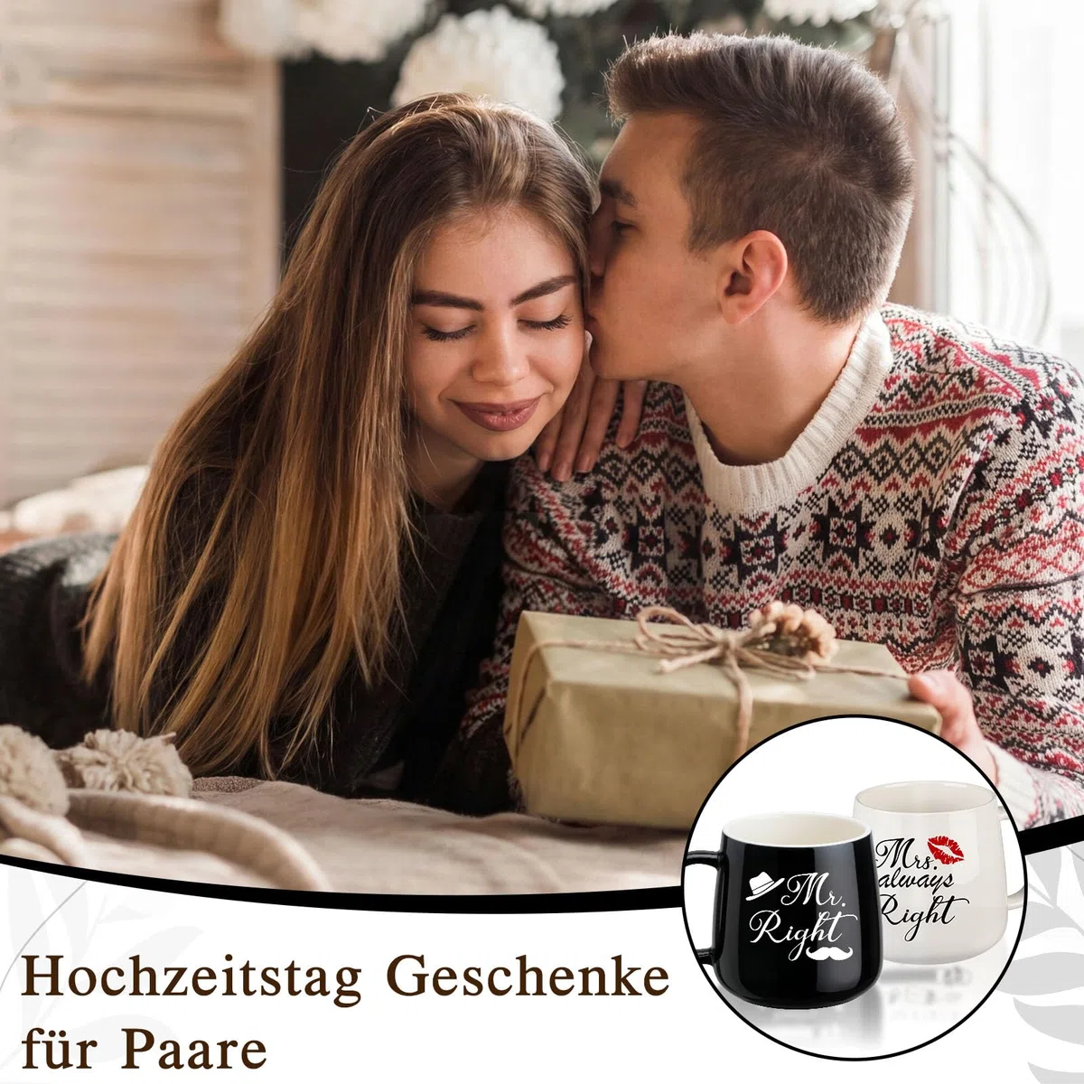 TUZELIYA Mr. Right & Mrs. Always Right Partnertassen Set – Hochzeitsgeschenk für Brautpaare, Frauen & Männer - Schwarz und Weiß Tassen Paar geschenke & Jahrestagsgeschenke für Ihn Sie