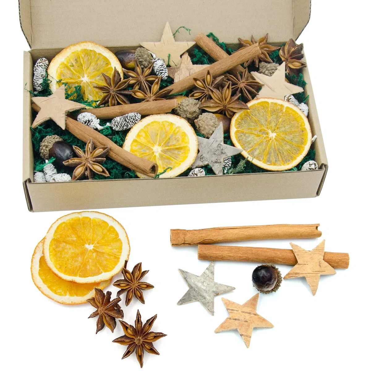 Apragaz 52 StüCk Weihnachtsdeko Adventskranz Deko Set, Natur Dekoration Mit Stern aus Birkenrinde Orangenscheibe, Zeder, Anis, Zimt, Eichel, DunkelgrüNes Moos Deko Weihnachten