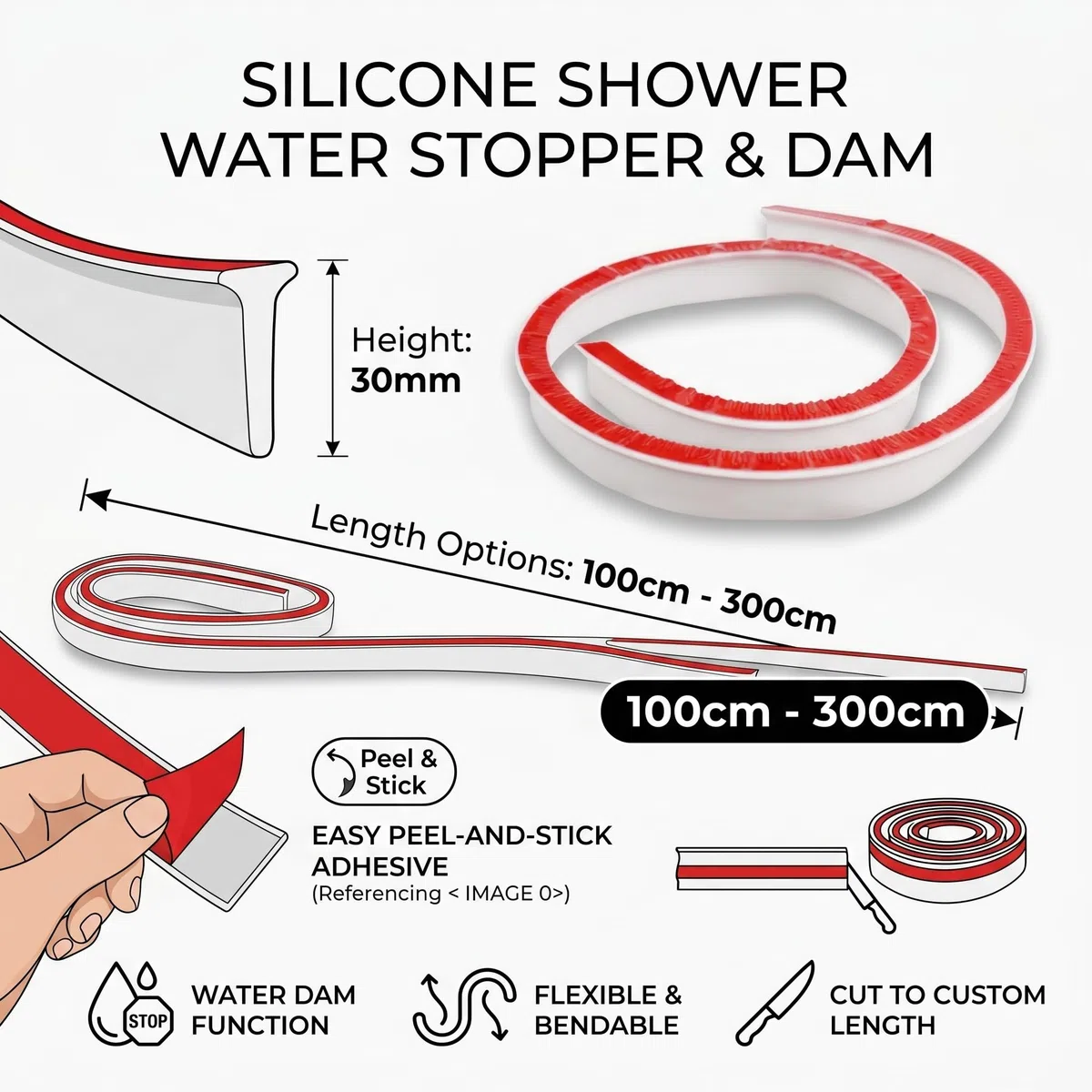 100–300 cm Silikon-Duschschwelle, Wassersperre, Waschbecken-Dichtungsstreifen, Badewannenrand-Dichtungsstreifen für Badewanne, Arbeitsplatte, Küche (300 cm)