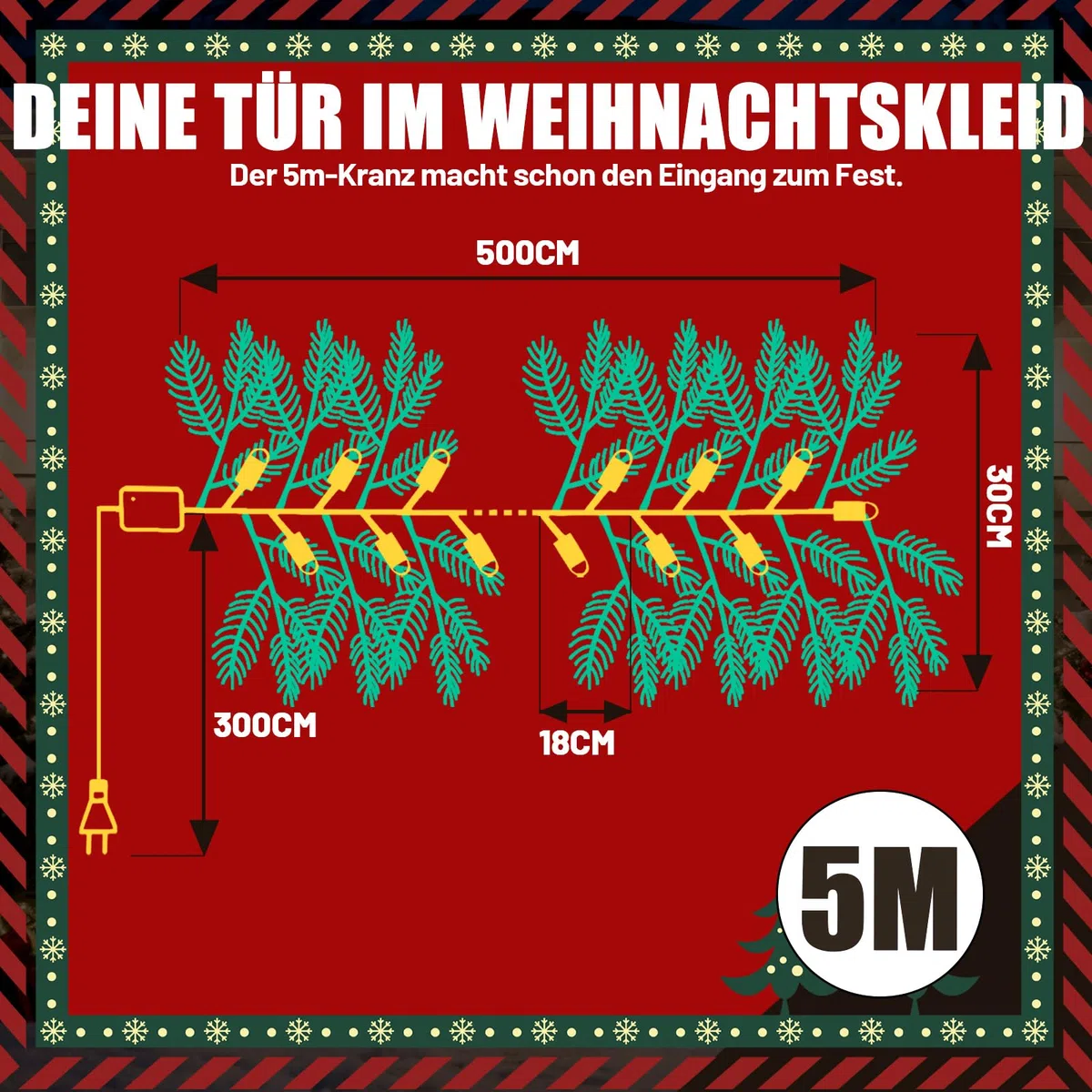 Weihnachtsgirlande mit Beleuchtung 5m 100 LEDs, Tannengirlande, Girlande Weihnachten mit Tannenzapfen Rote Beere, 8 Lichtmodi, Weihnachtsdeko Girlande für Treppen Kamin Haustür (PE-Zweige)