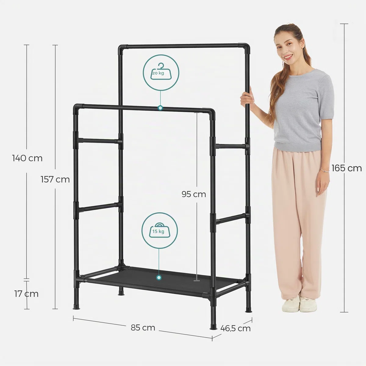 SONGMICS Kleiderständer, Garderobenständer aus Metall, mit 2 Kleiderstangen, 1 Ablage, bis 55 kg belastbar, einfache Montage, schwarz RDR001B02